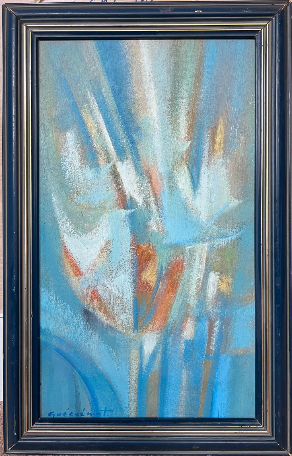 Gerard Guegueniat1970's French Abstract Original Painting Blues Oranges And Whites Signed