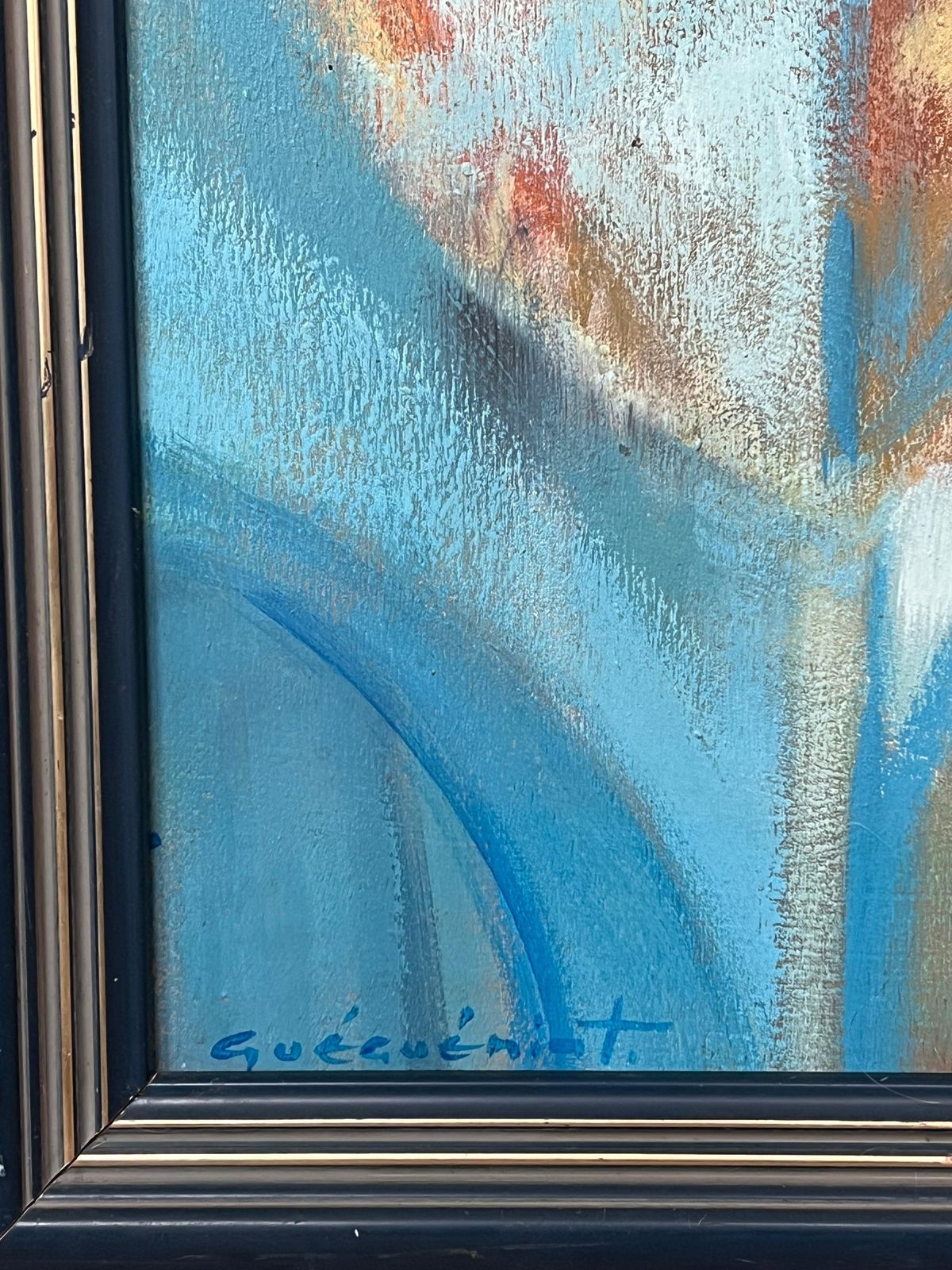 Gerard Guegueniat1970's French Abstract Original Painting Blues Oranges And Whites Signed photo for sale