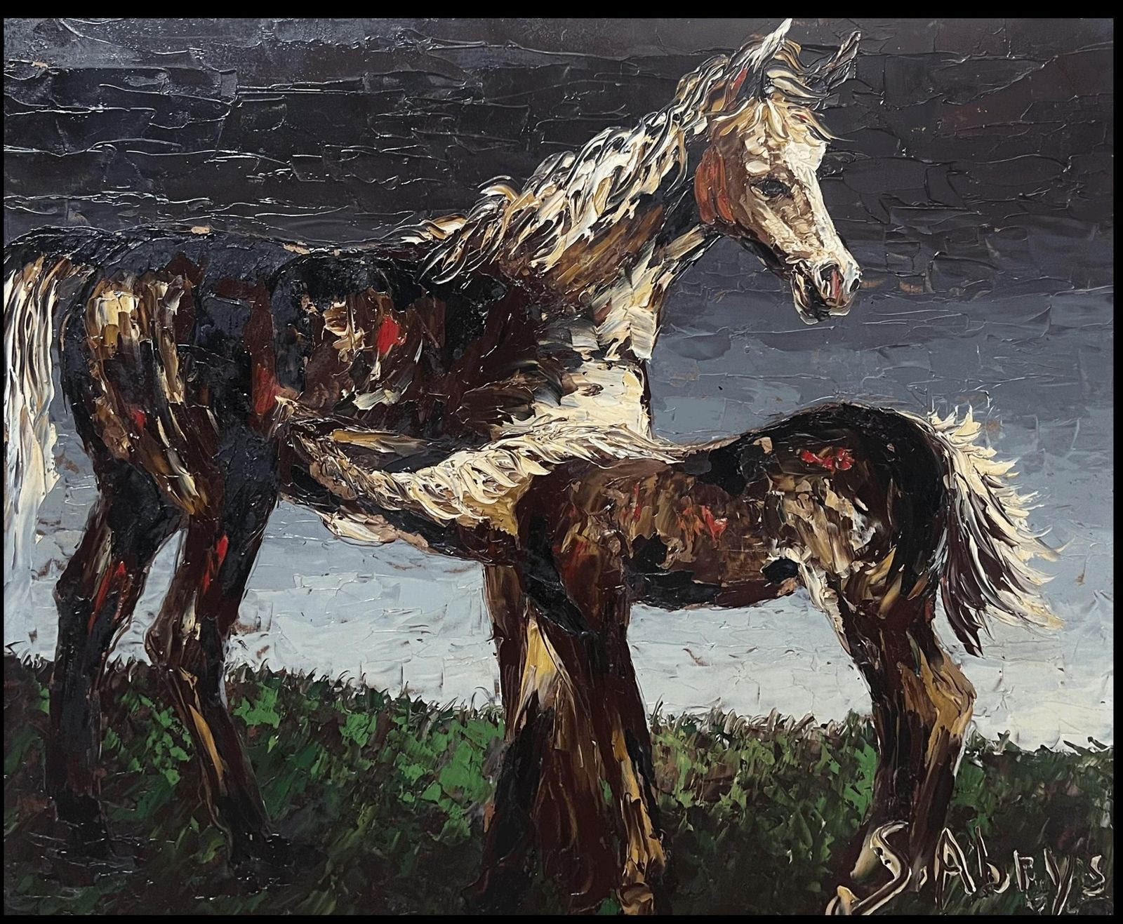 Léon Schwartz   Abrys1970's French Expressionist Signed Oil Painting Horse & Foal In Landscape photo Art