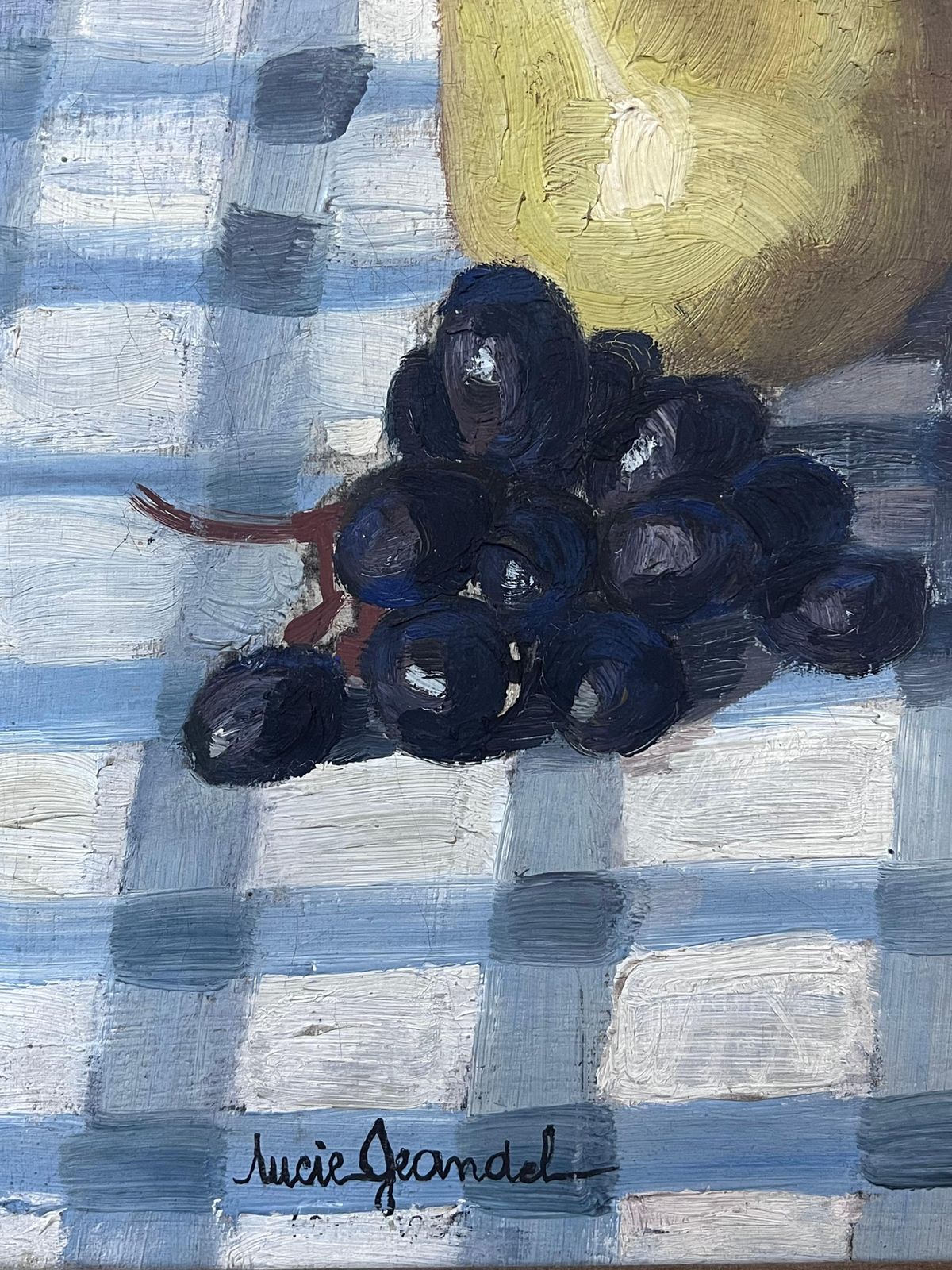 Lucie Jeandelmid 20th Century French Modernist Signed Oil Painting Still Life Pears & Grapes20th Century photo for sale