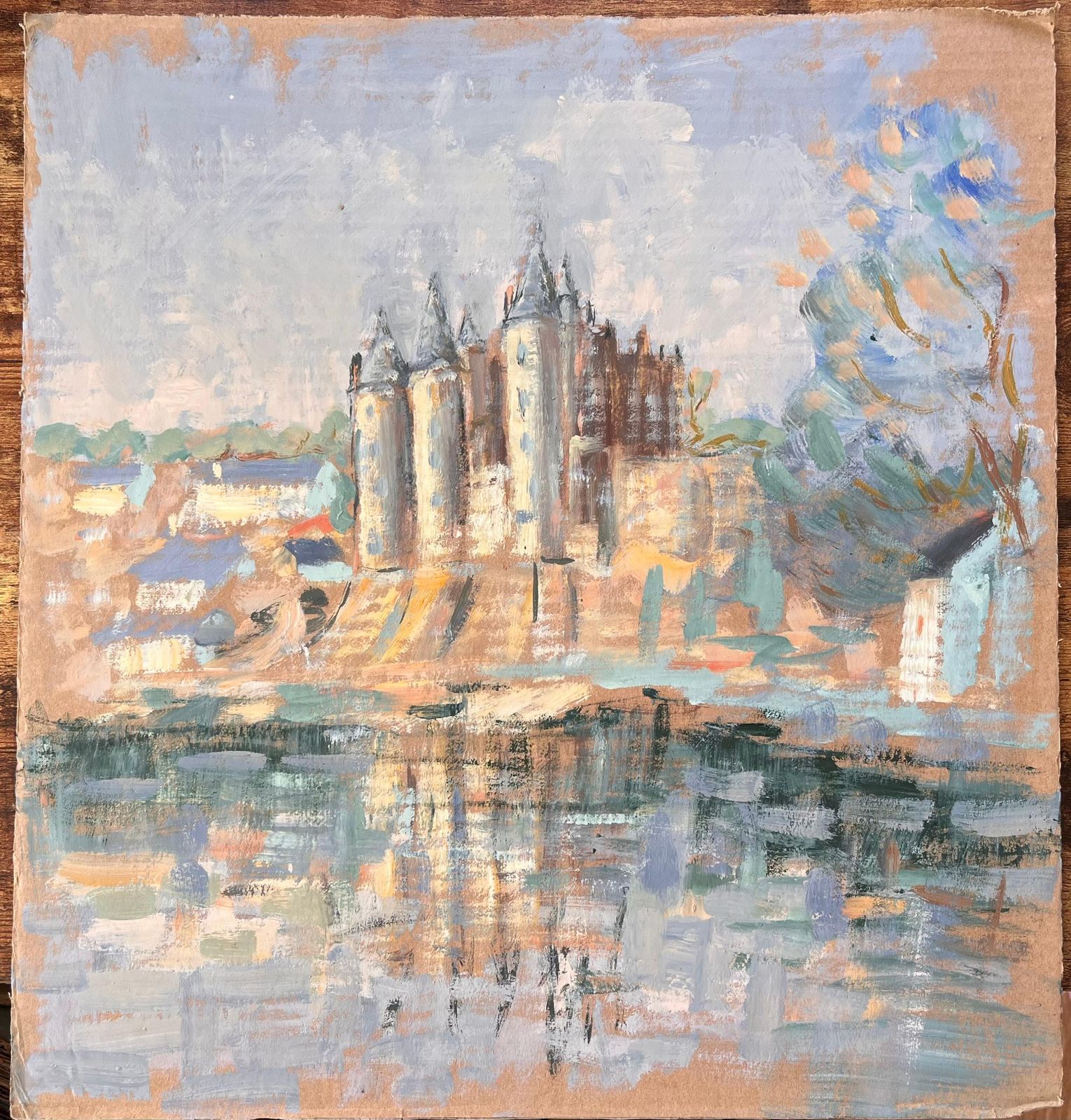 Fanch Lelfrench Impressionist Castle On Riverbank With Reflections And Village photo furniture