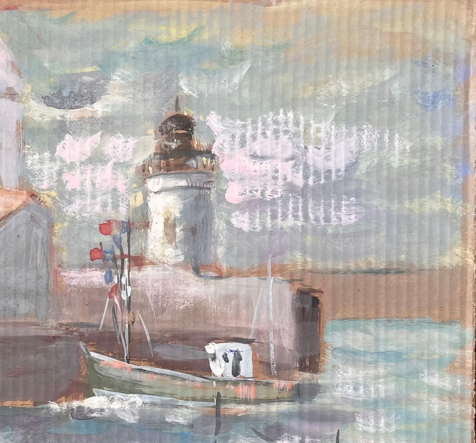 Fanch Lelfrench Impressionist Lighthouse Harbour Scene With Boats And Red Tile Roofs photo for sale