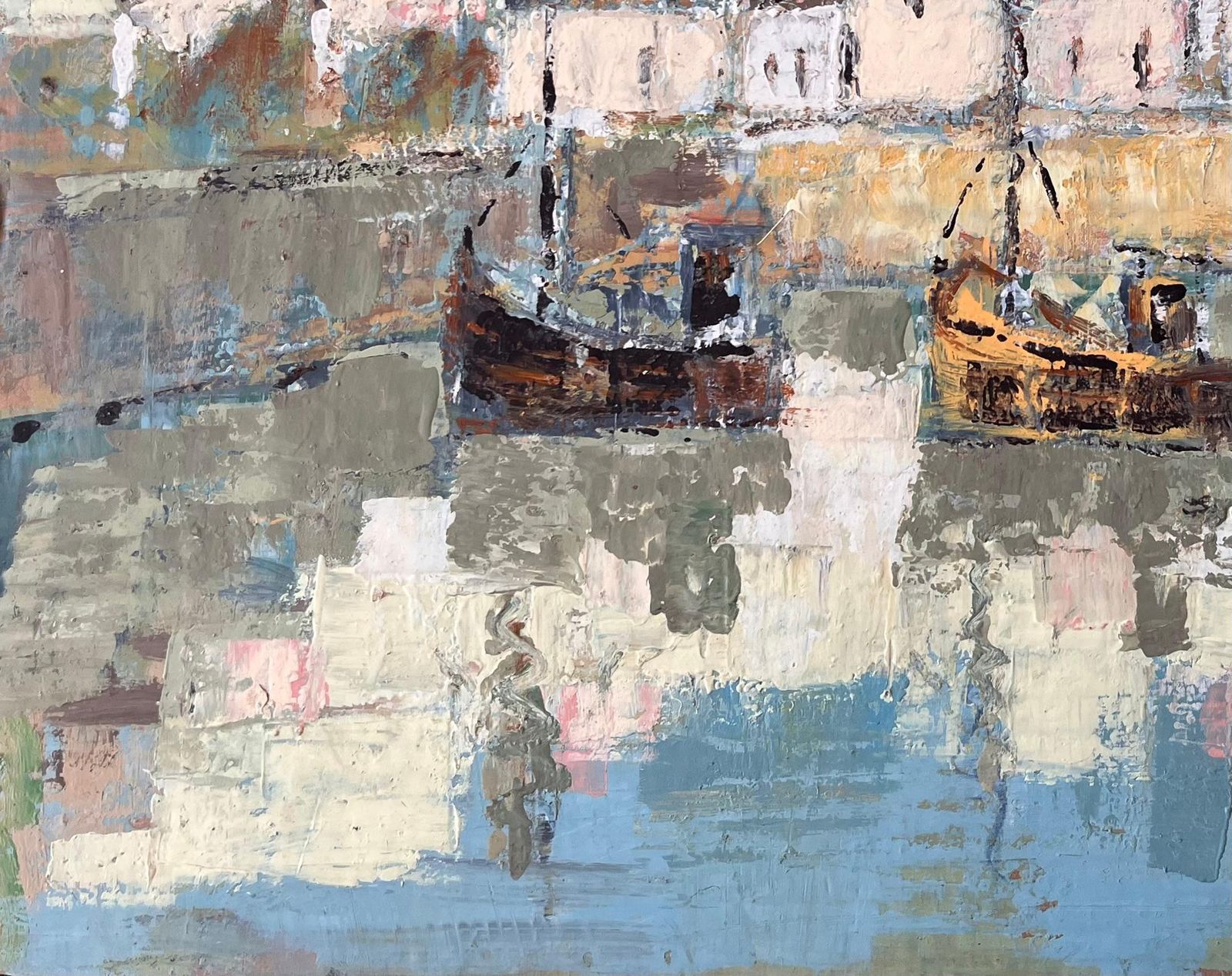 Fanch Lelfrench Impressionist Harbour Scene With Fishing Boats And Whitewashed Houses photo vinterior