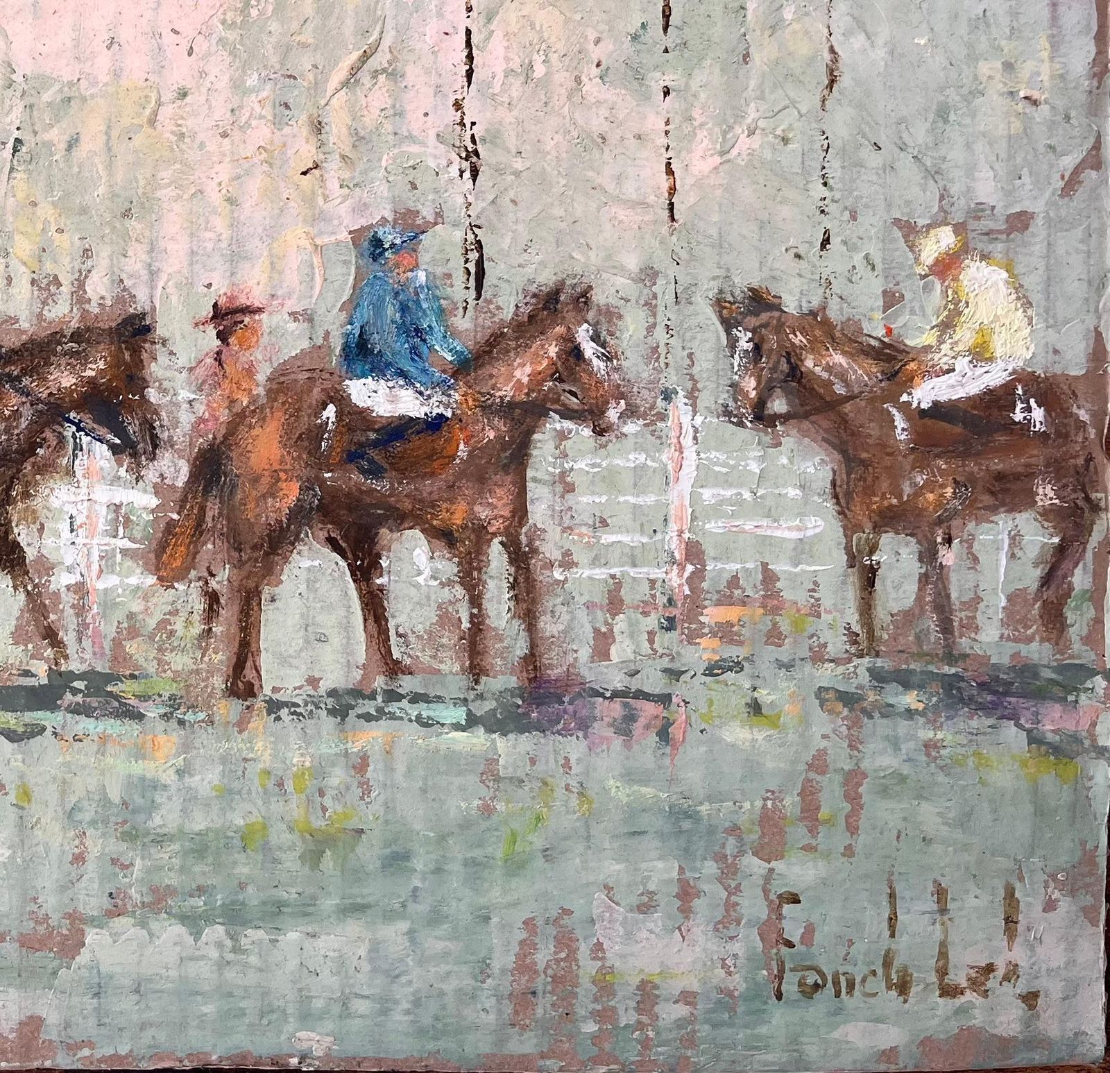 Fanch Lelfrench Impressionist Equestrian Parade With Jockeys And French Flags photo for sale