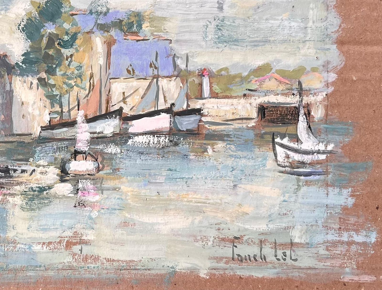 Fanch Lelfrench Impressionist Harbour Scene With Sailboats And Quayside Architecture photo vinterior