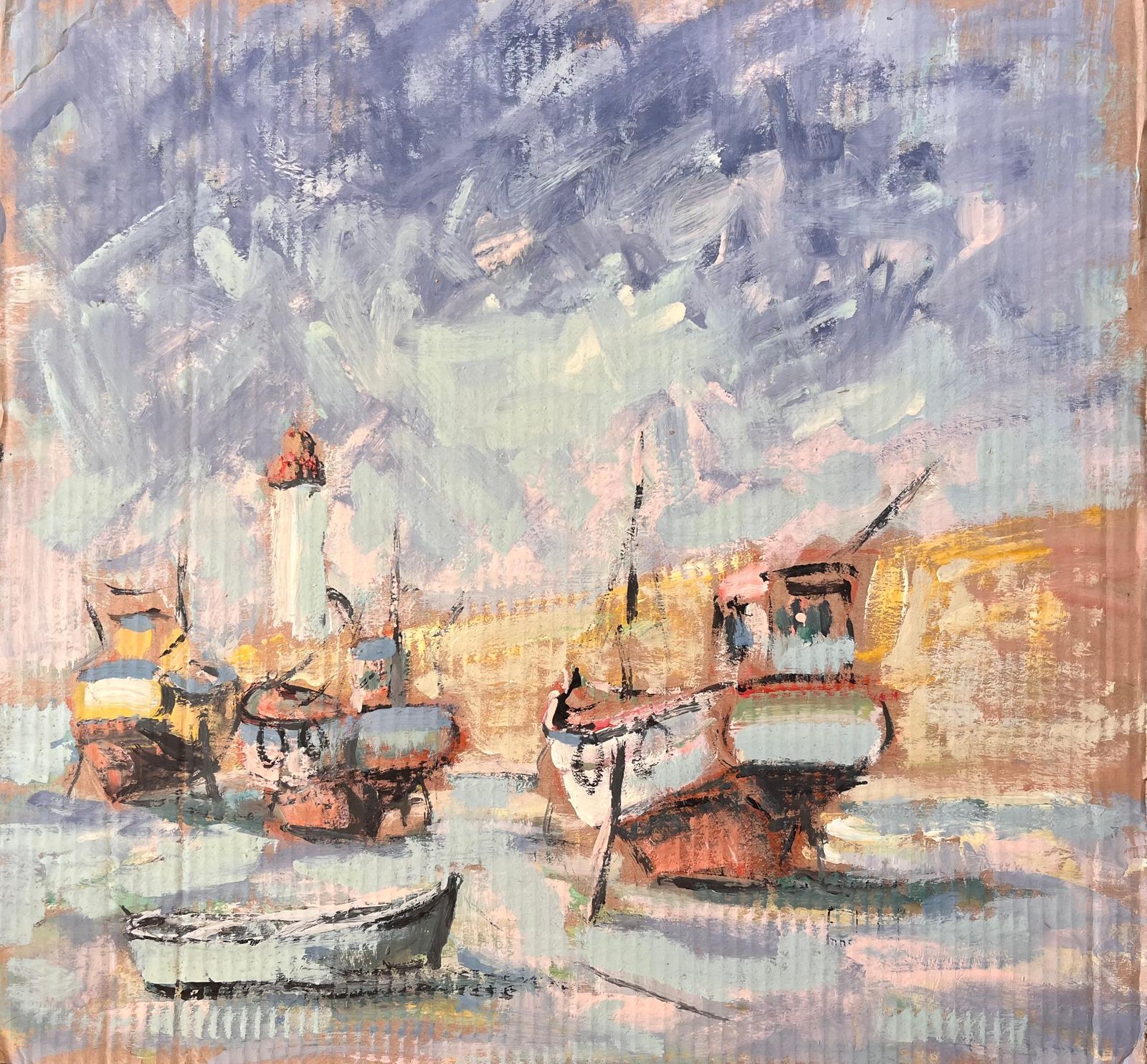 Fanch Lelfrench Impressionist Harbour Scene With Boats And Lighthouse In Erquy