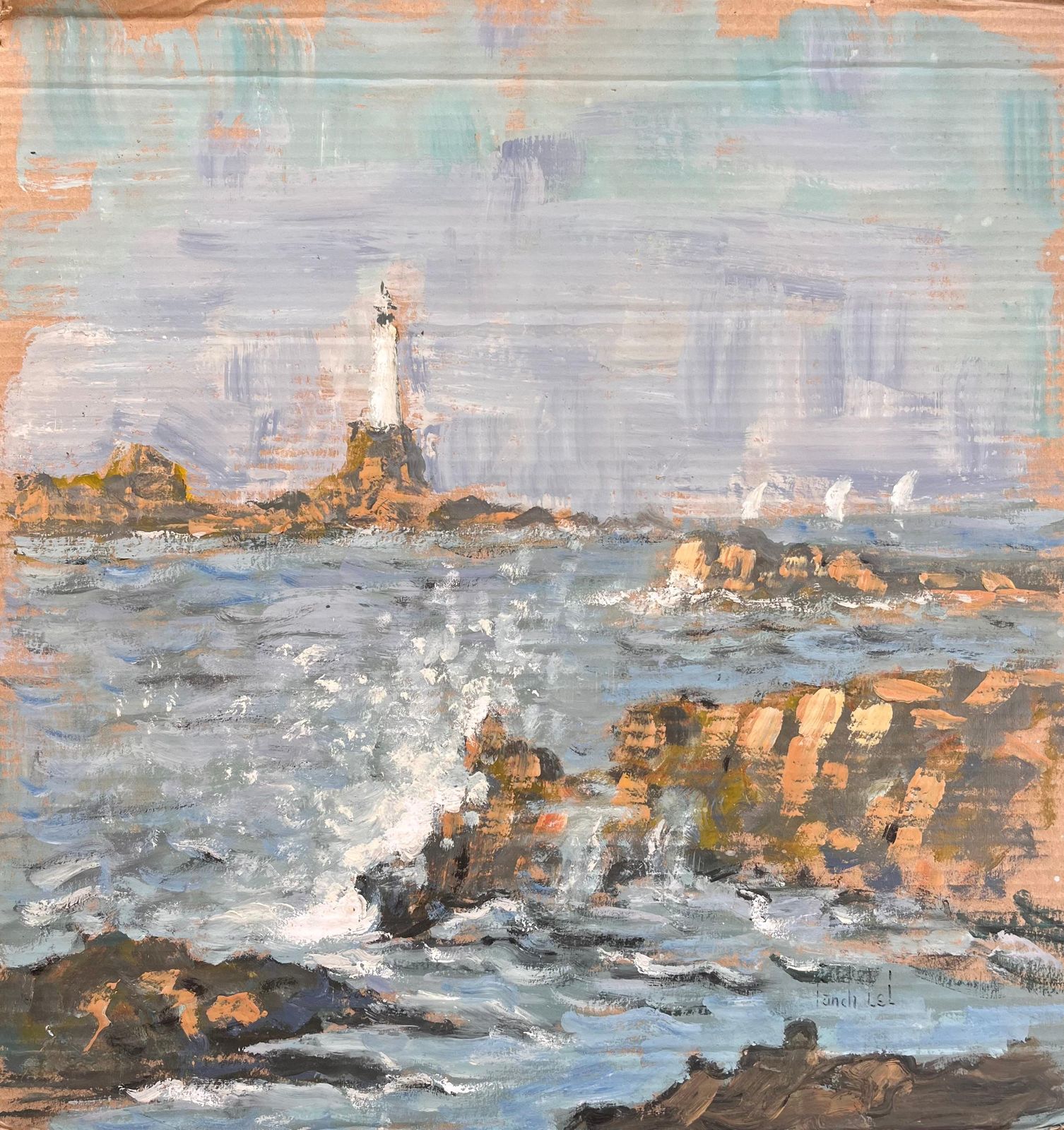 Fanch Lelimpressionist Seascape With Crashing Waves And Distant Lighthouse On Rocky Coast