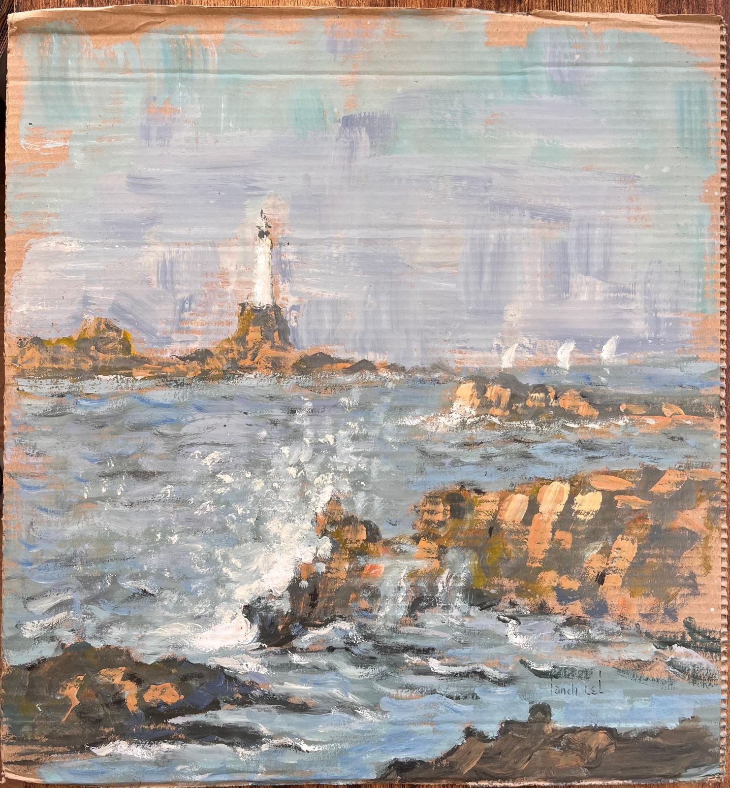Fanch Lelimpressionist Seascape With Crashing Waves And Distant Lighthouse On Rocky Coast photo furniture