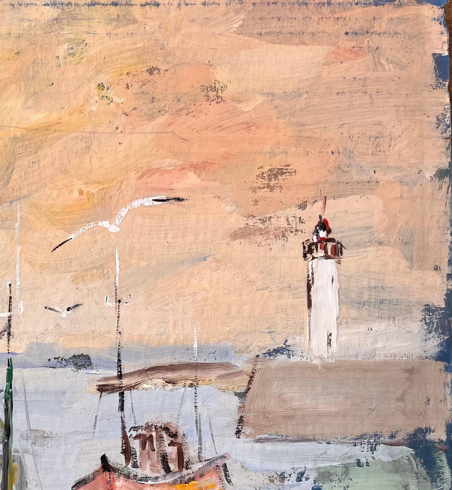 Fanch Lelimpressionist Harbour Scene With Fishing Boats Lighthouse And Sunset Sky photo Art