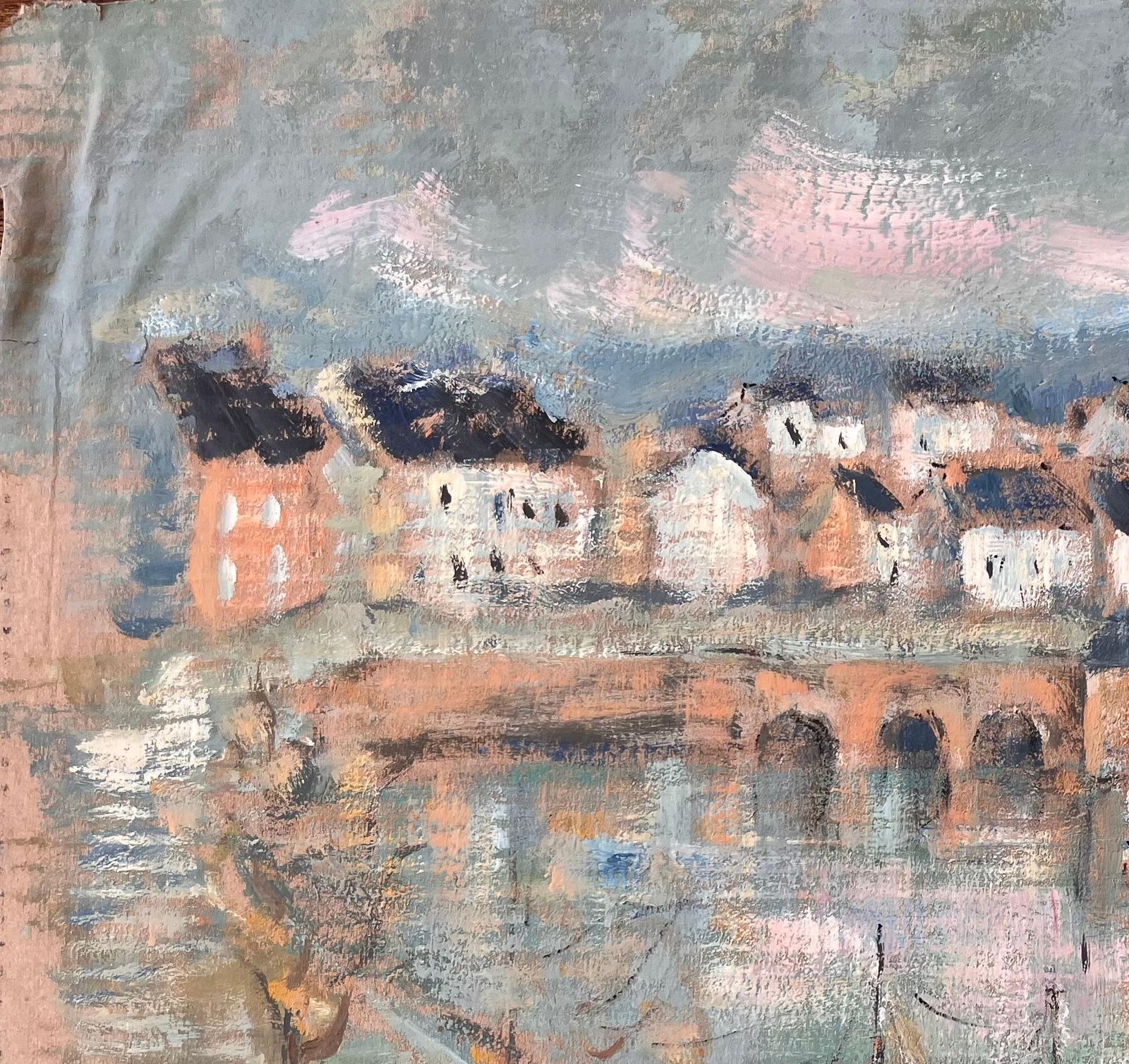 Fanch Lelimpressionist Harbour Scene With Boats And Stone Bridge In La Trinité Sur Mer photo for sale