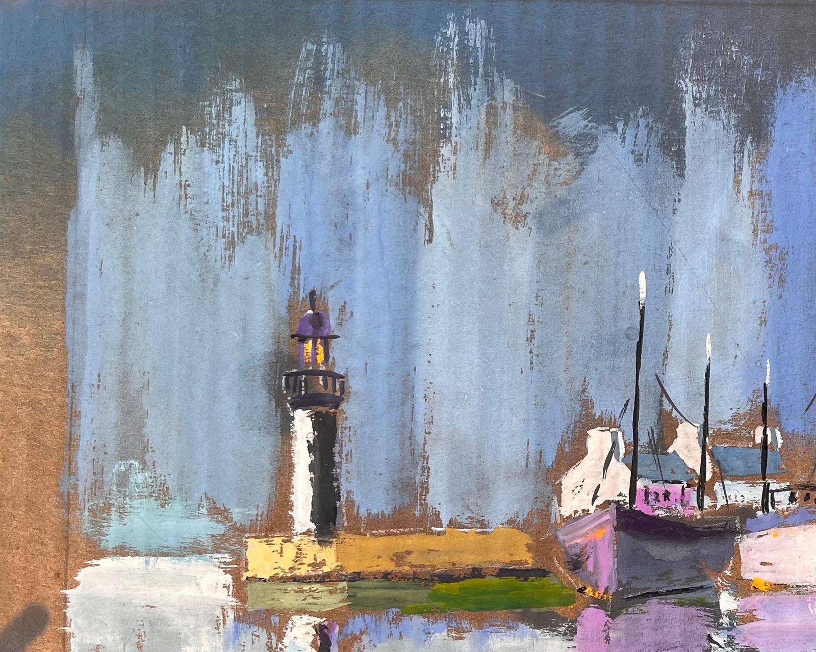 Fanch Lelcolourful Impressionist Harbour With Lighthouse Boats And Reflections At Dusk1993 photo 576.0