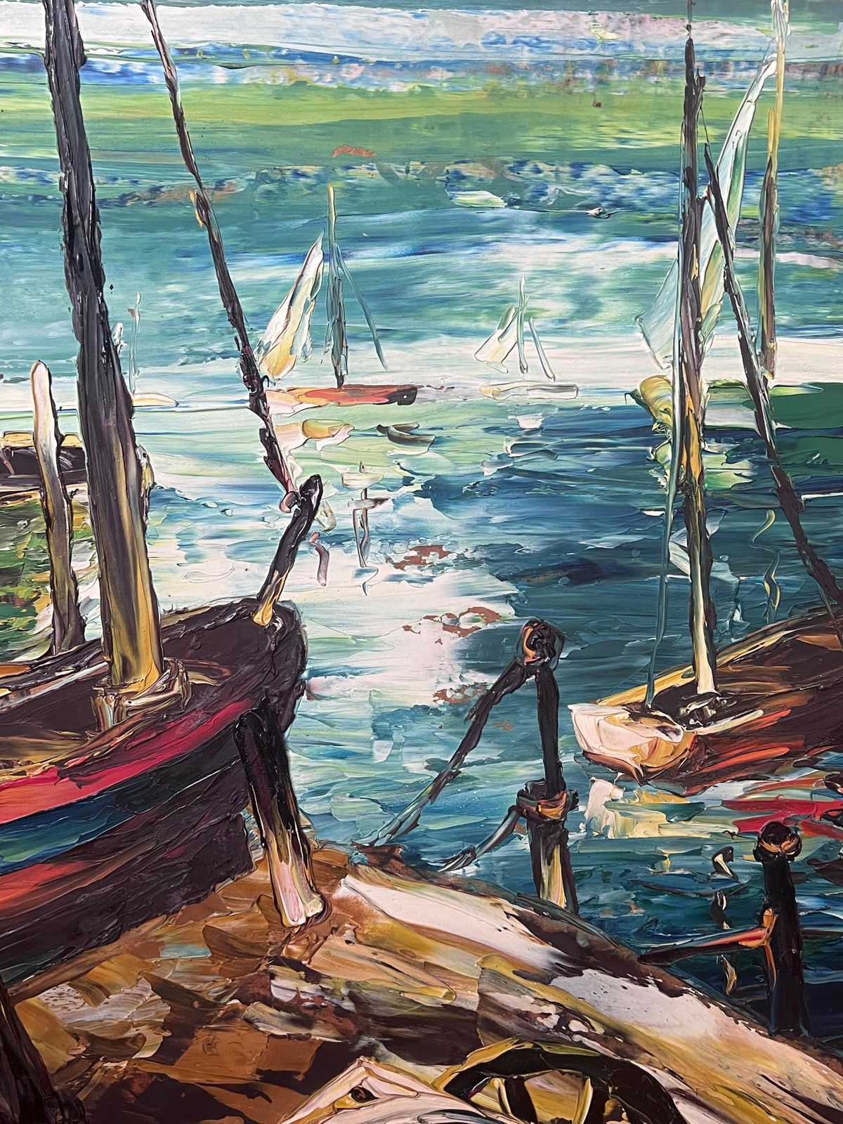 Léon Schwartz   Abrys20th Century French Expressionist Signed Oil Painting Boats On Harbor Edge photo vintage