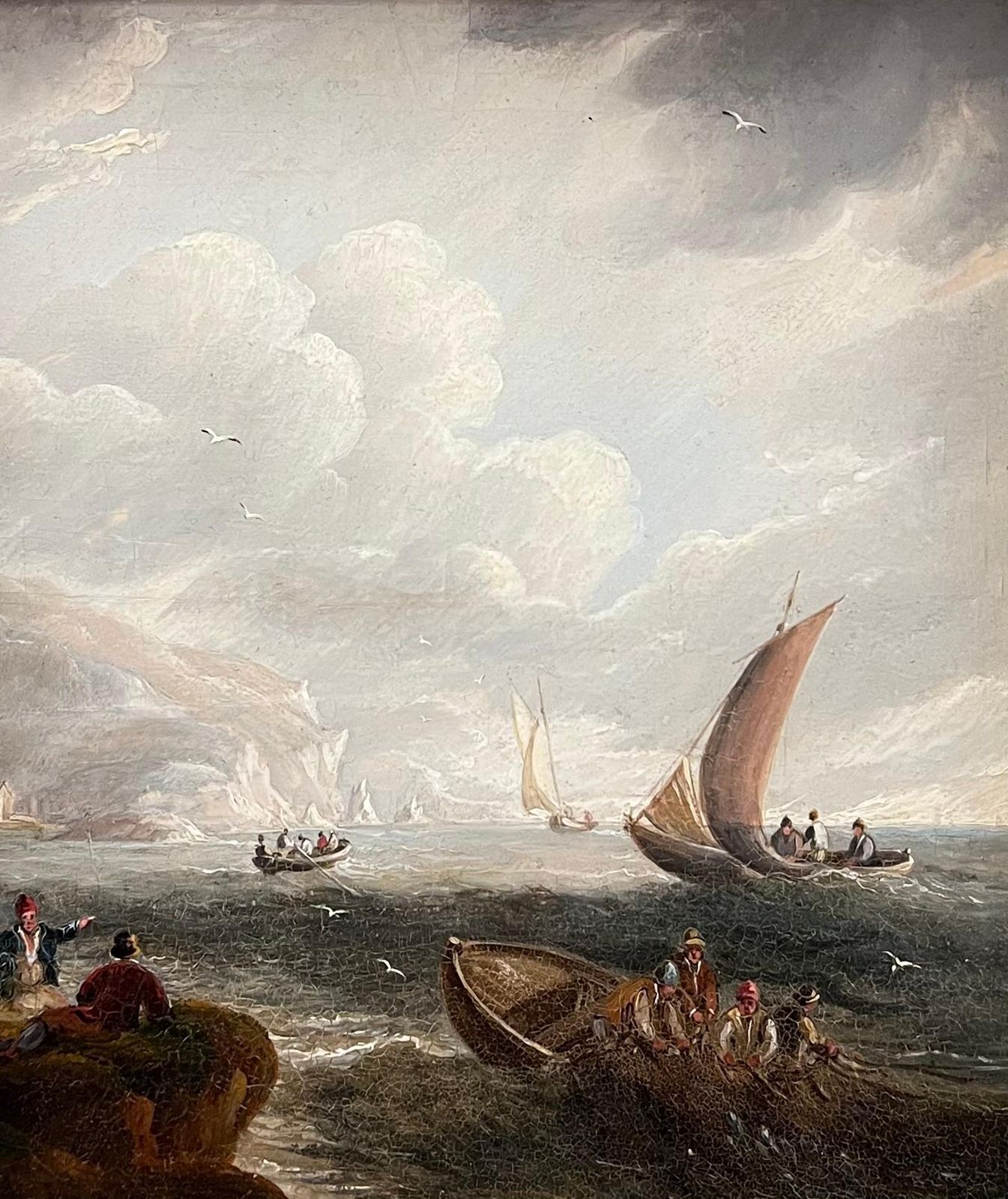 Fine Antique English Marine Oil Painting Shipping Of Rocky Coastline & Figures photo furniture