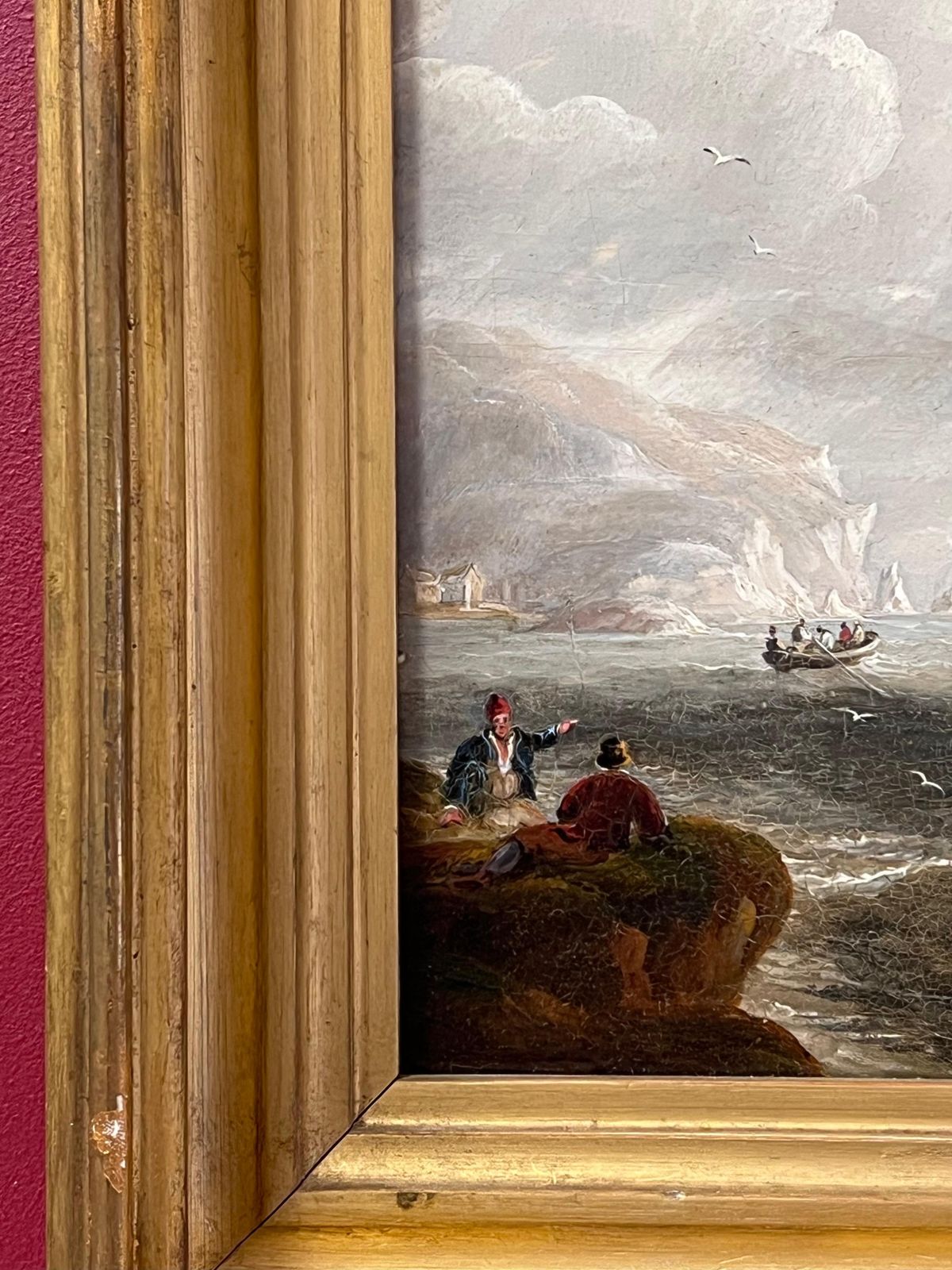 Fine Antique English Marine Oil Painting Shipping Of Rocky Coastline & Figures photo vintage