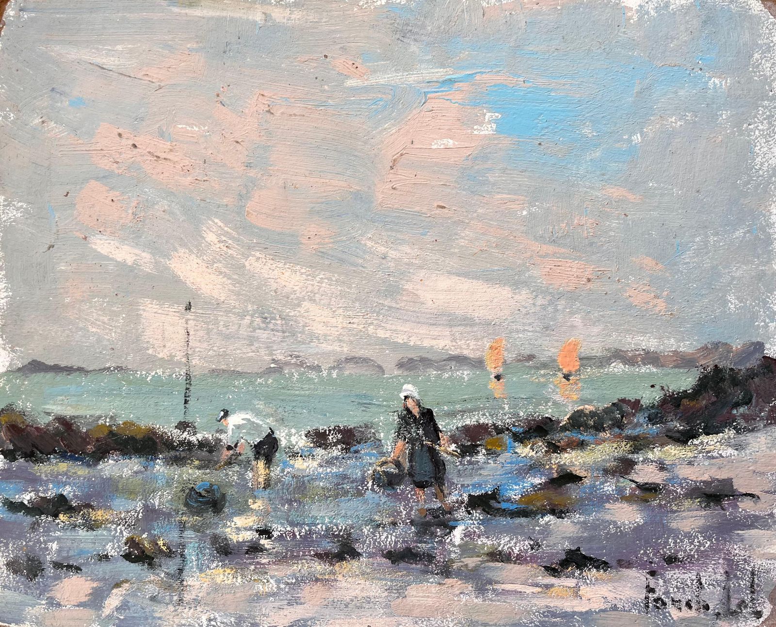 Fanch Lelfrench Coastal Oil Painting Of Low Tide Shore Fishing With Sailboats And Figures