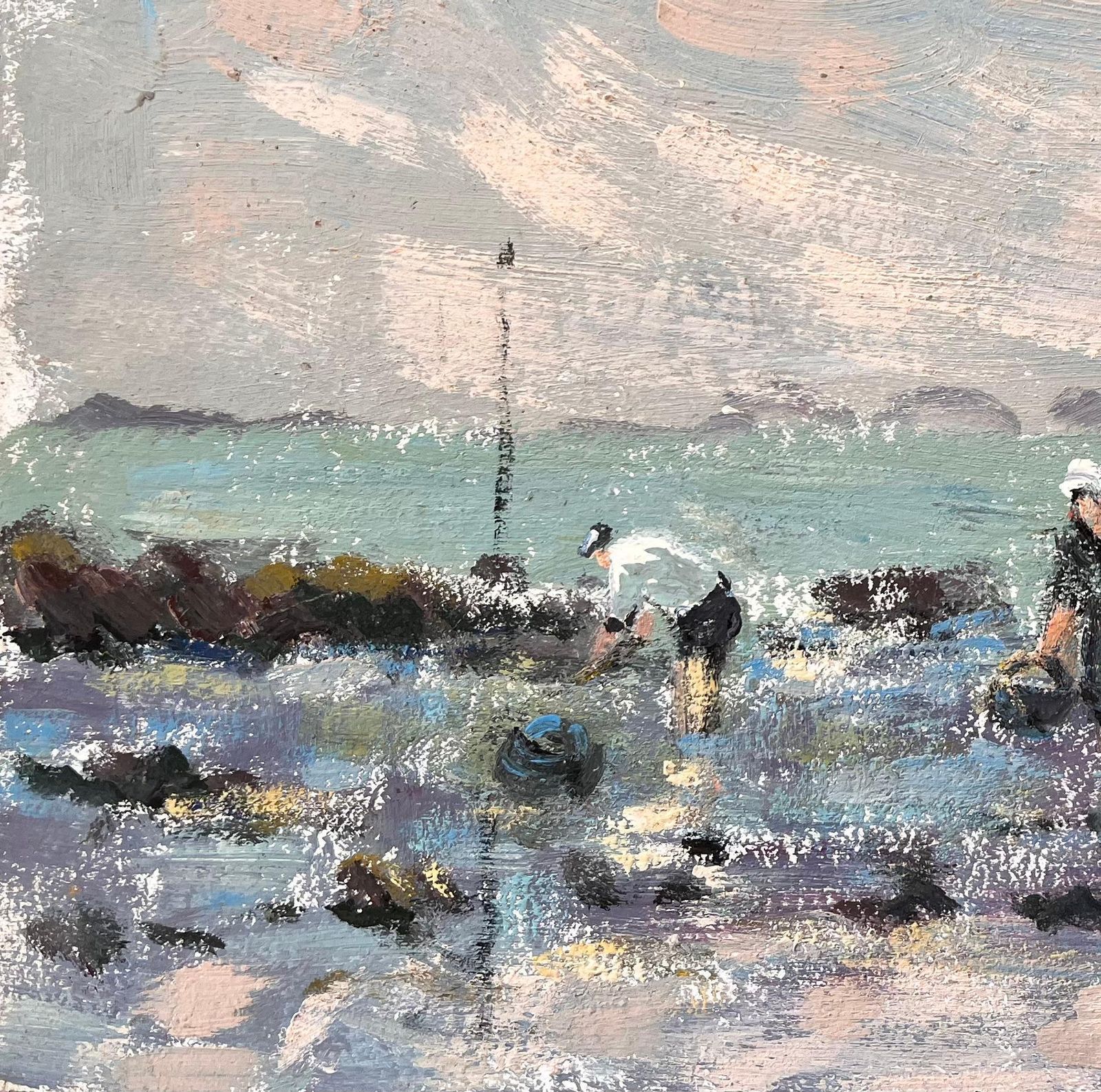 Fanch Lelfrench Coastal Oil Painting Of Low Tide Shore Fishing With Sailboats And Figures photo 586.0