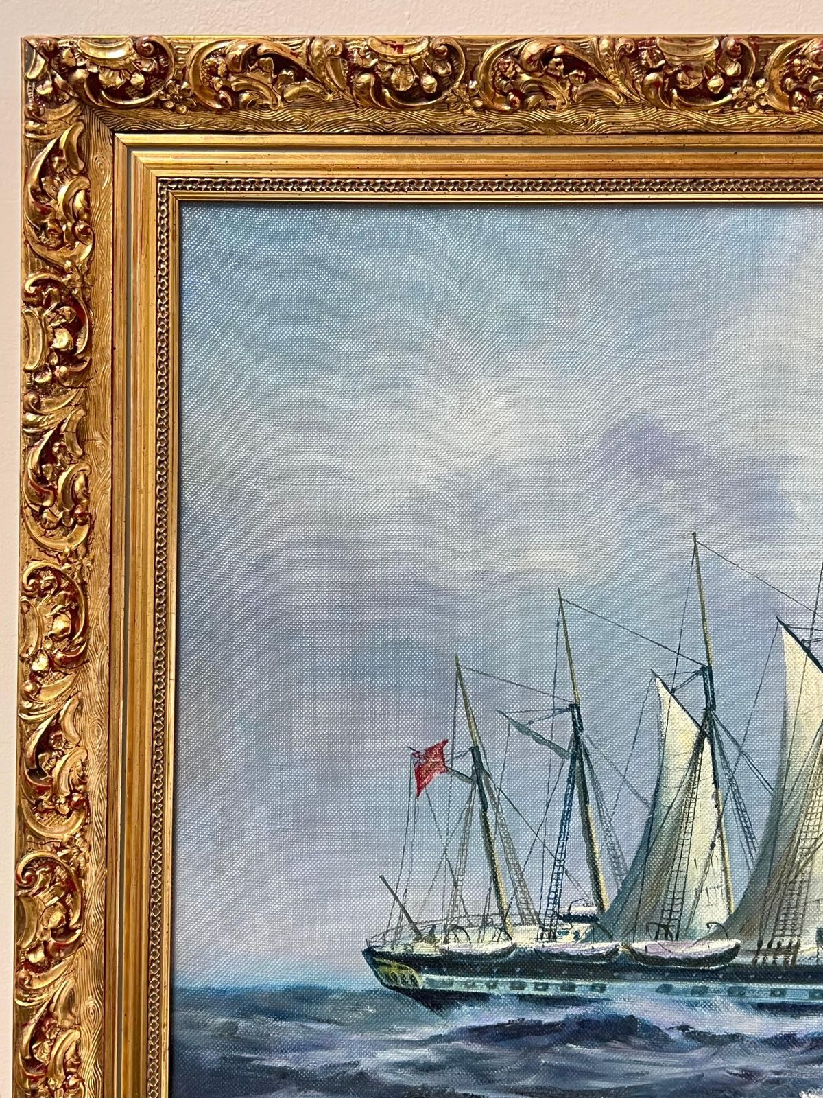 photo for sale European Artistlarge Classic Marine Signed Oil Painting Sailing Ship On Choppy Seas Gilt Framed