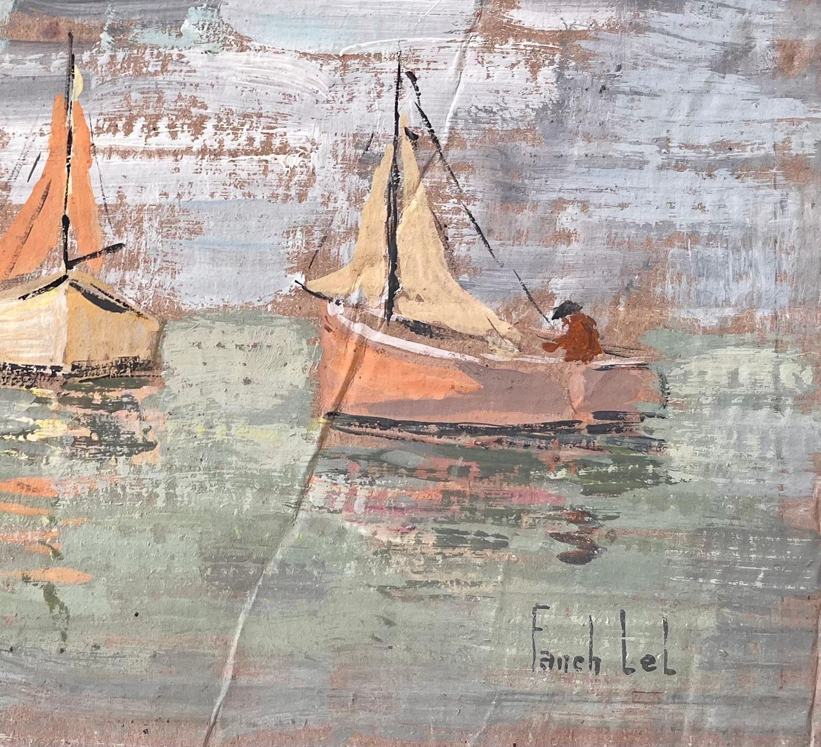 Fanch Lelimpressionist Coastal Gouache Painting Of Fishing Boats And Rowing Figure At Sea photo for sale