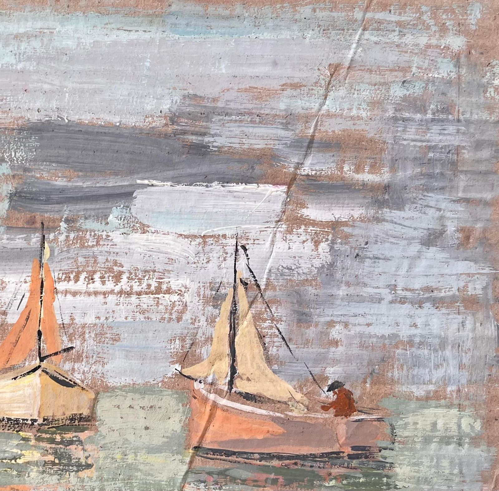 Fanch Lelimpressionist Coastal Gouache Painting Of Fishing Boats And Rowing Figure At Sea photo Art
