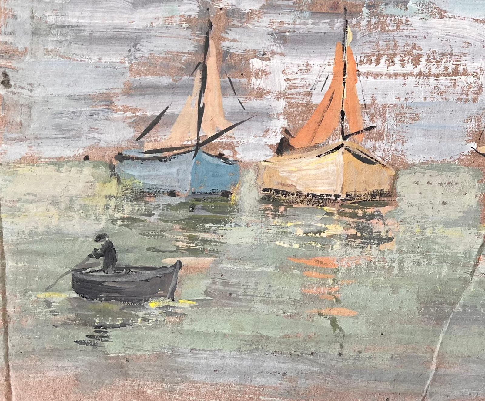 Fanch Lelimpressionist Coastal Gouache Painting Of Fishing Boats And Rowing Figure At Sea photo 464.0