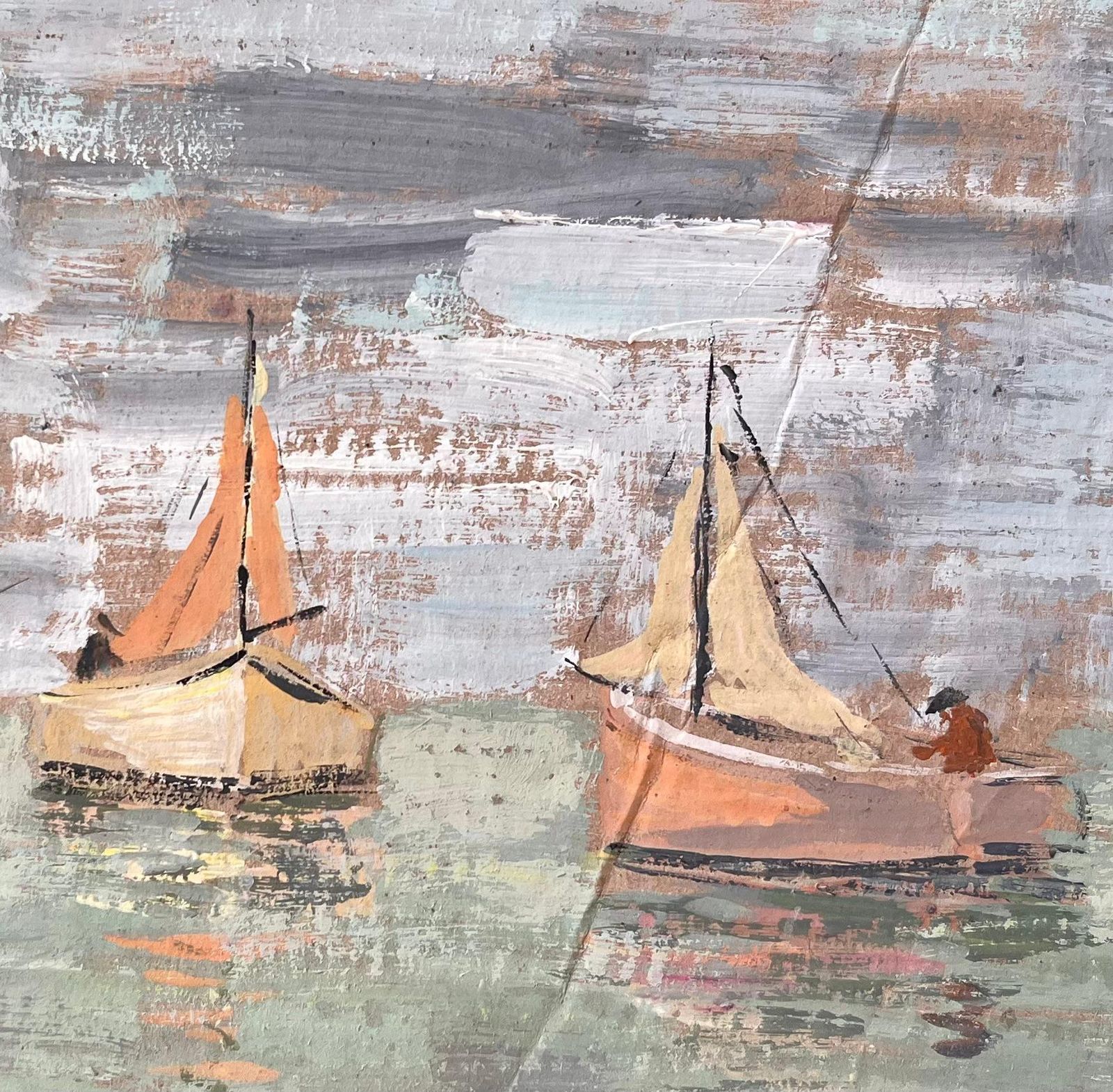 Fanch Lelimpressionist Coastal Gouache Painting Of Fishing Boats And Rowing Figure At Sea photo buy