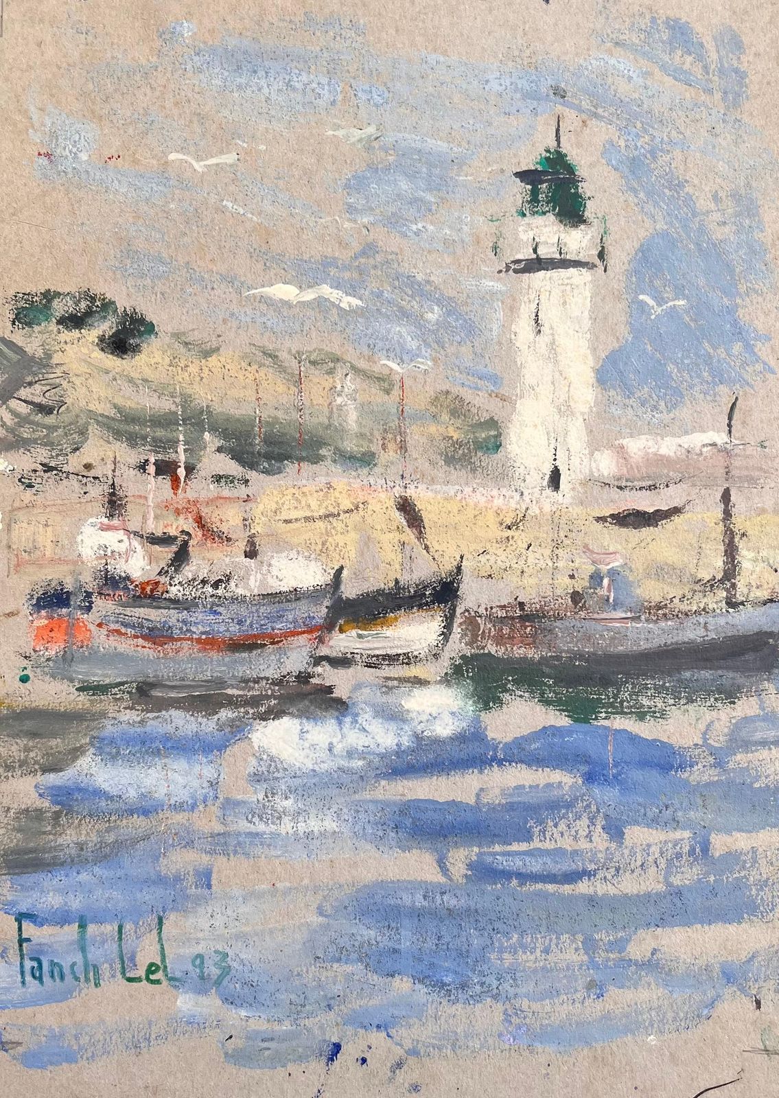 Fanch Lelimpressionist Harbour Scene With Lighthouse Fishing Boats And Seagulls In Motion1993