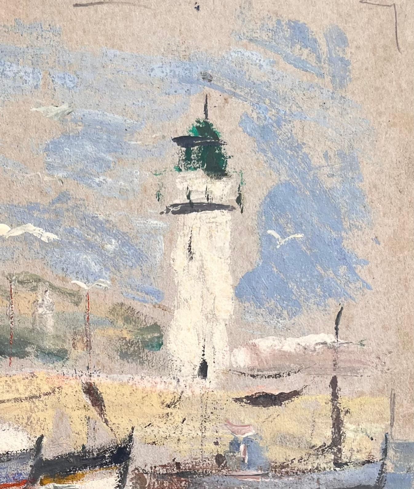 Fanch Lelimpressionist Harbour Scene With Lighthouse Fishing Boats And Seagulls In Motion1993 photo for sale