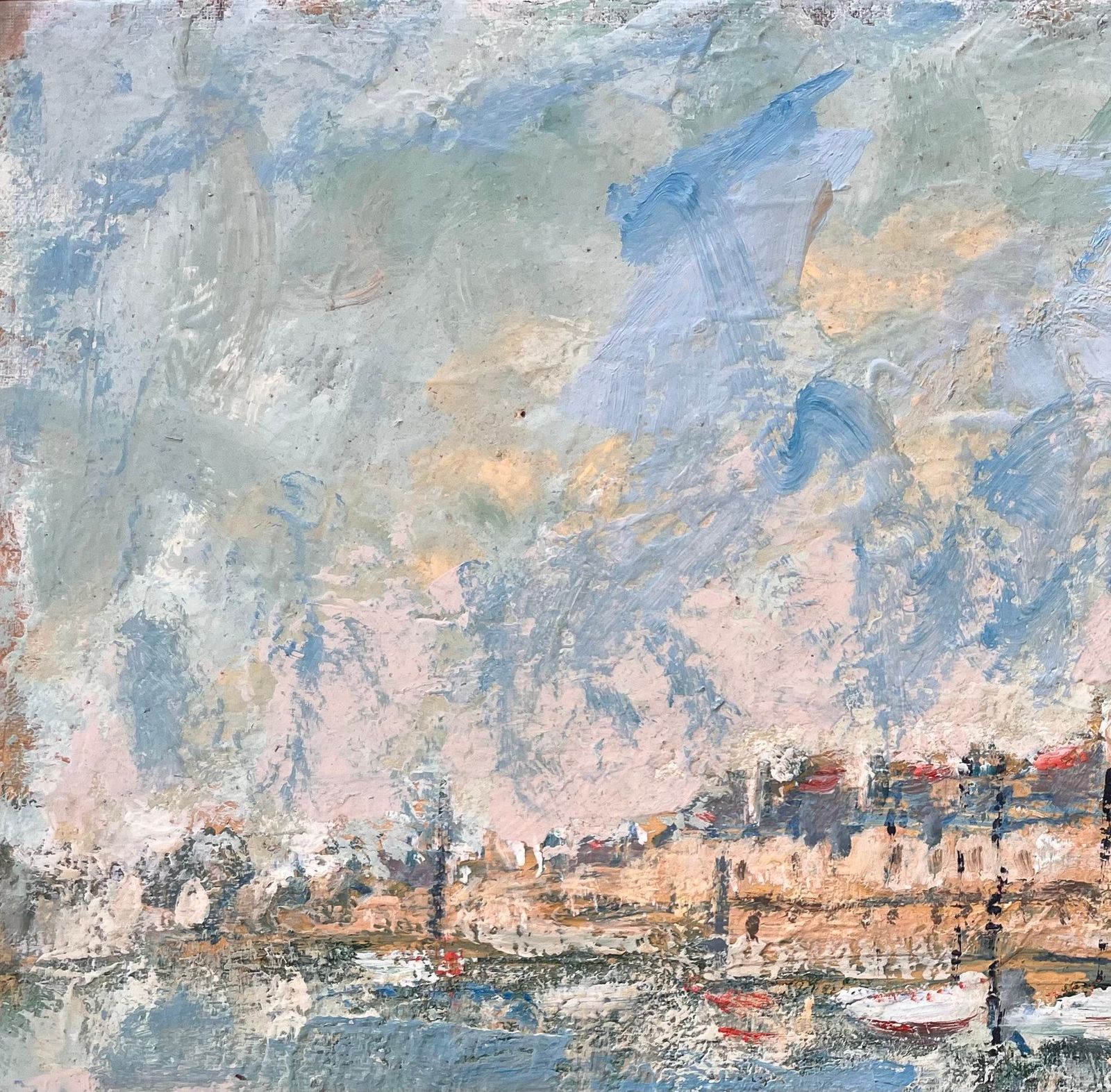 Fanch Lelfrench Coastal Oil Painting Of Moored Boats And Walled Seaside Town In Pastels photo vinterior