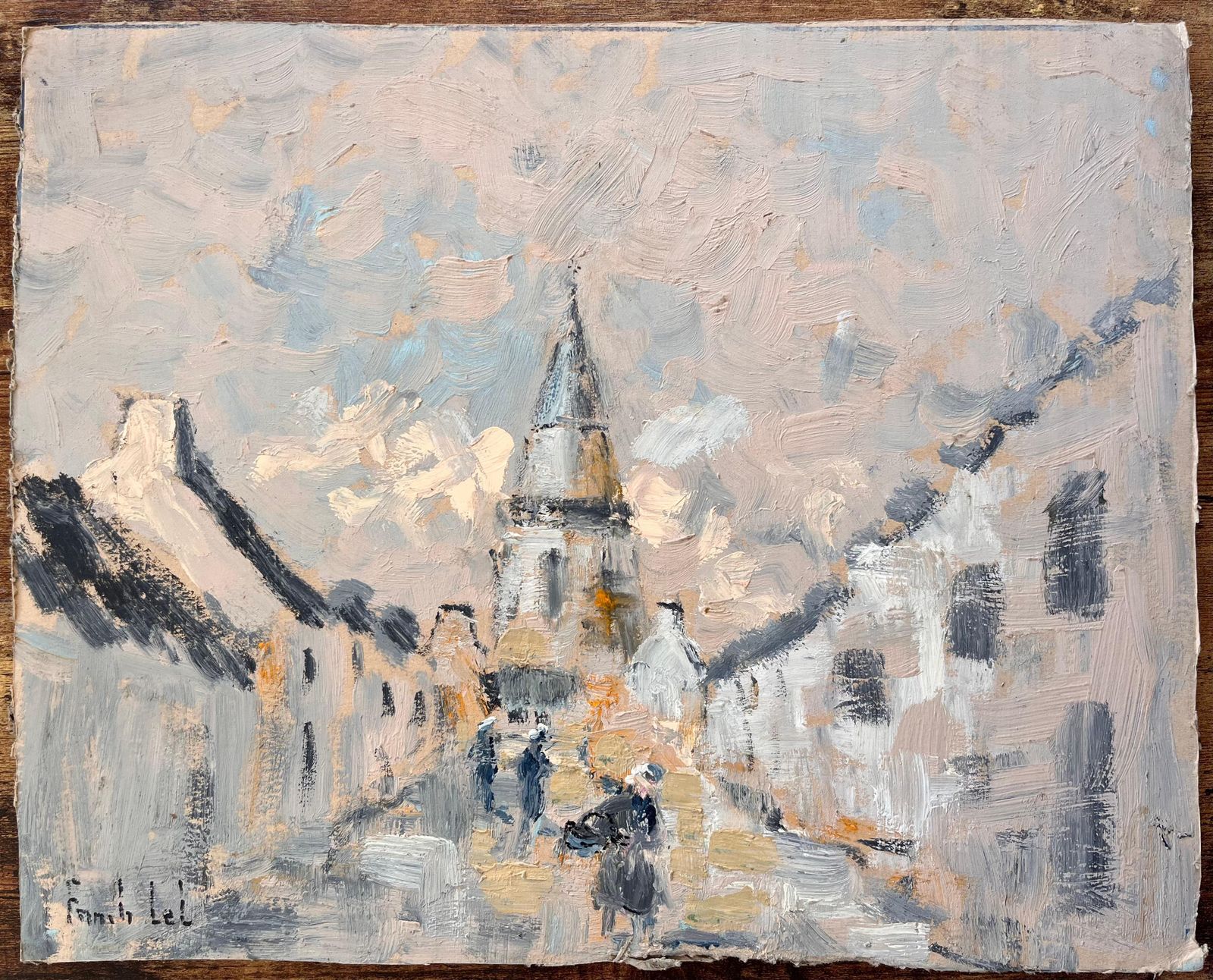 Fanch Lelimpressionist Village Street Scene With Church Tower And Figures In Winter Light photo furniture