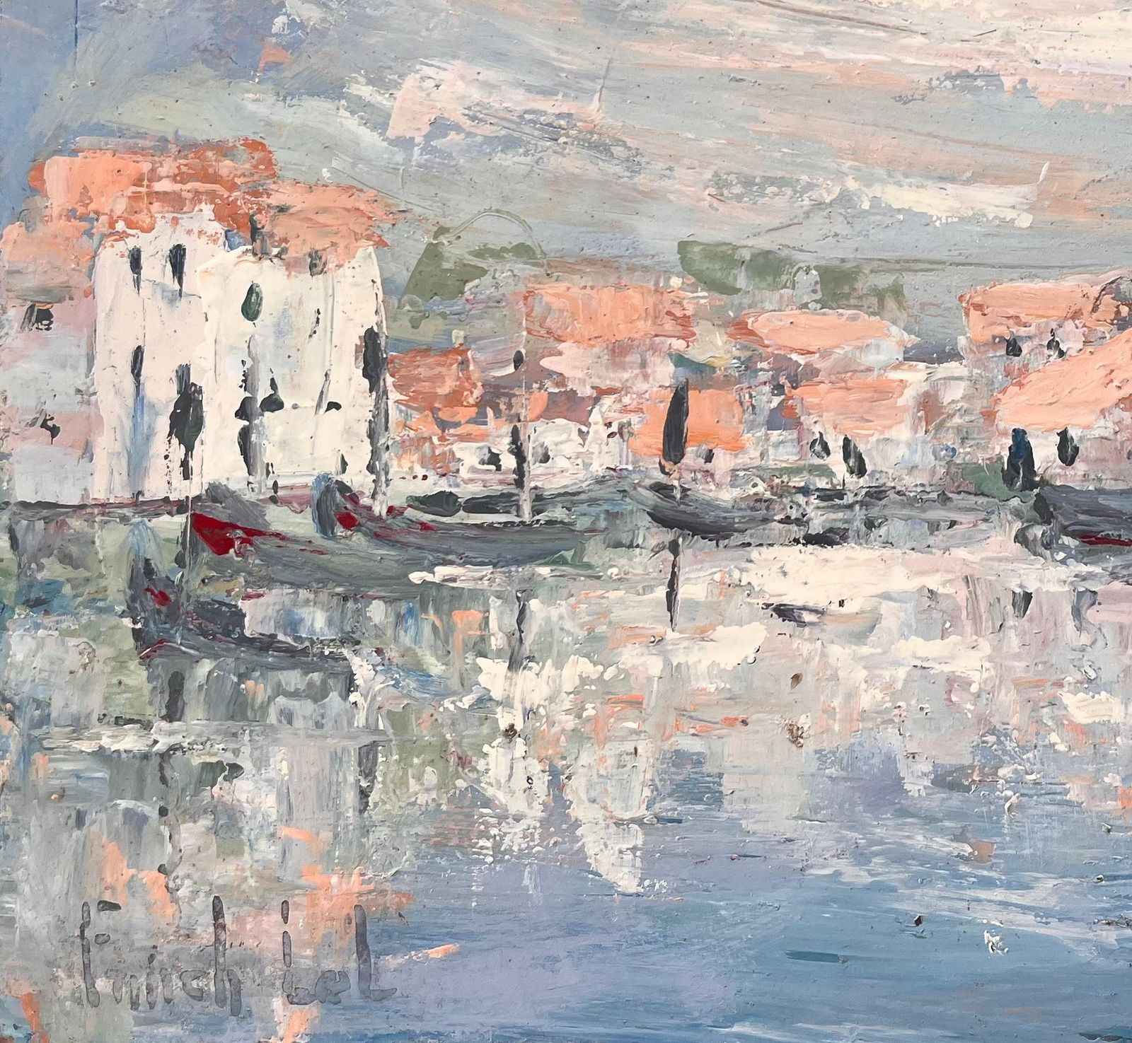 Fanch Lelfrench Canal Scene Oil Painting Of Whitewashed Buildings Gondolas And Reflection photo for sale