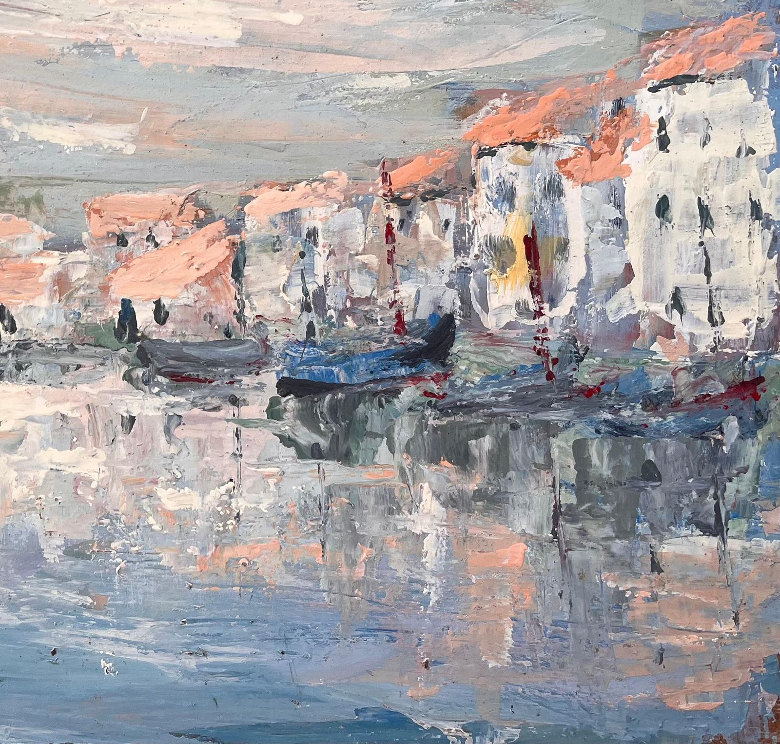 Fanch Lelfrench Canal Scene Oil Painting Of Whitewashed Buildings Gondolas And Reflection photo Art