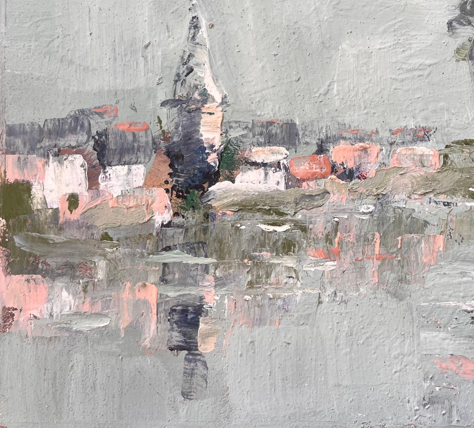 Fanch Lelfrench Village Landscape Oil Painting With Church Spire Reflection And Tree photo for sale