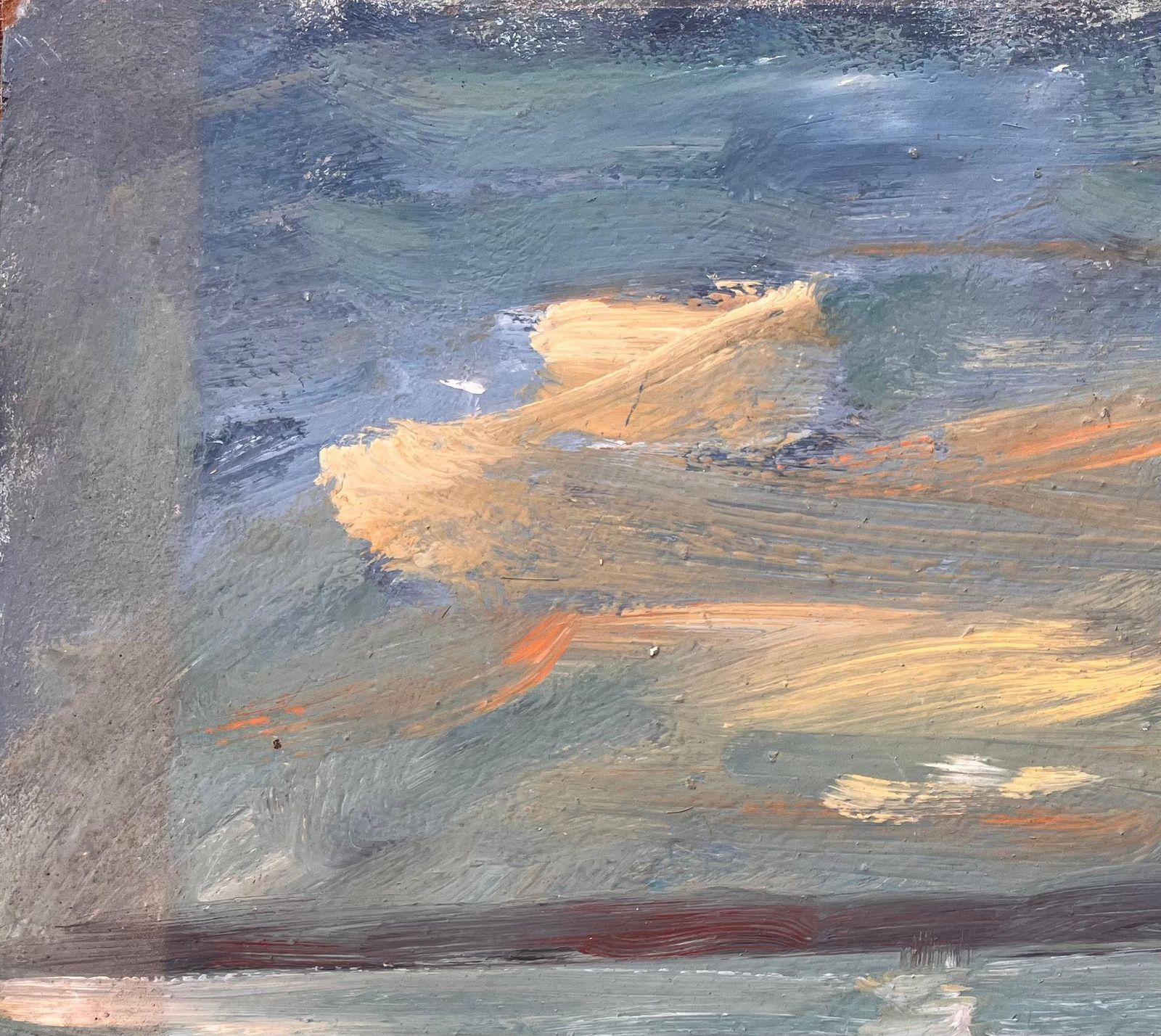 Fanch Lelfrench Coastal Oil Painting Of Small Rowboat At Sea Under Dramatic Sunset Sky photo vinterior