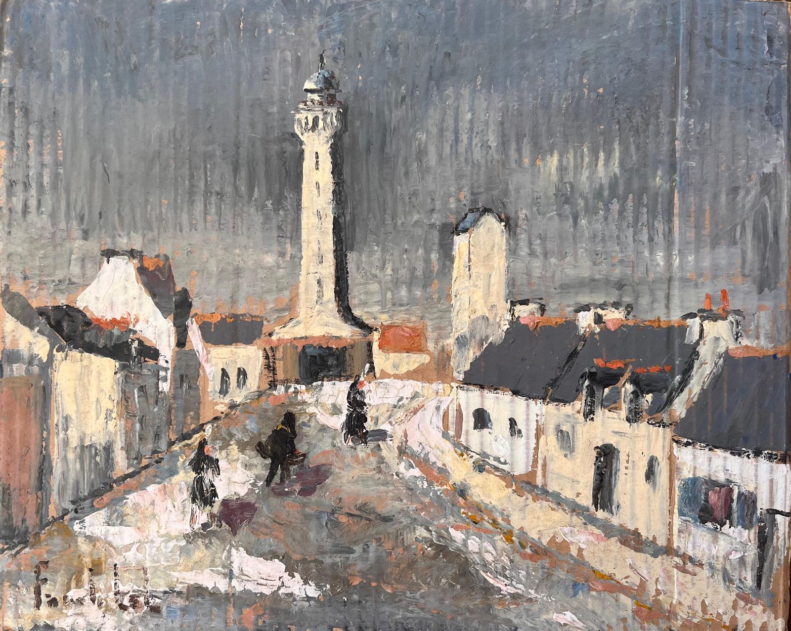 Fanch Lelimpressionist Painting Of French Village Street With Lighthouse And Figures