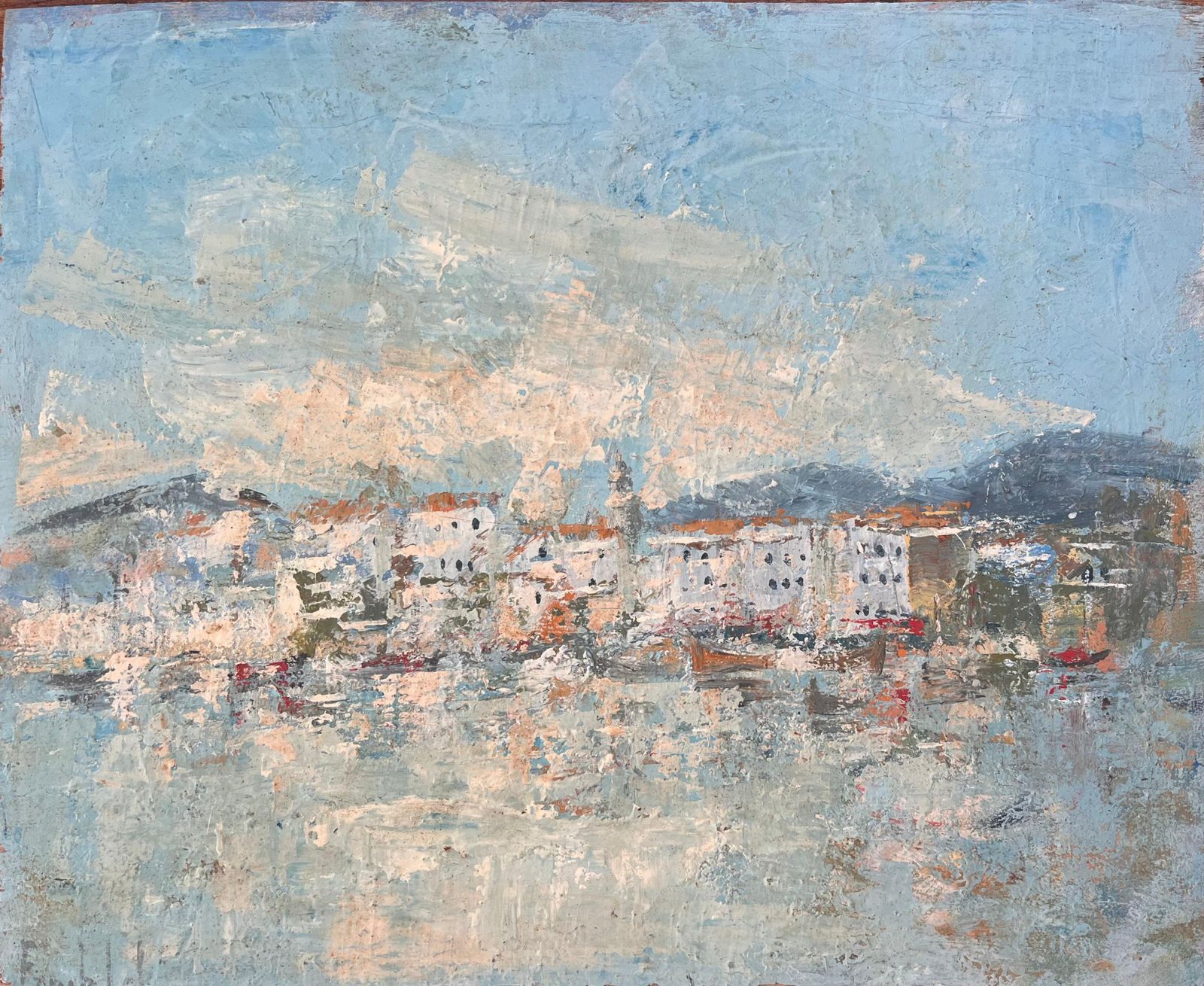 Fanch Lelimpressionist Harbour Scene Of Whitewashed Buildings And Boats With Blue Sky