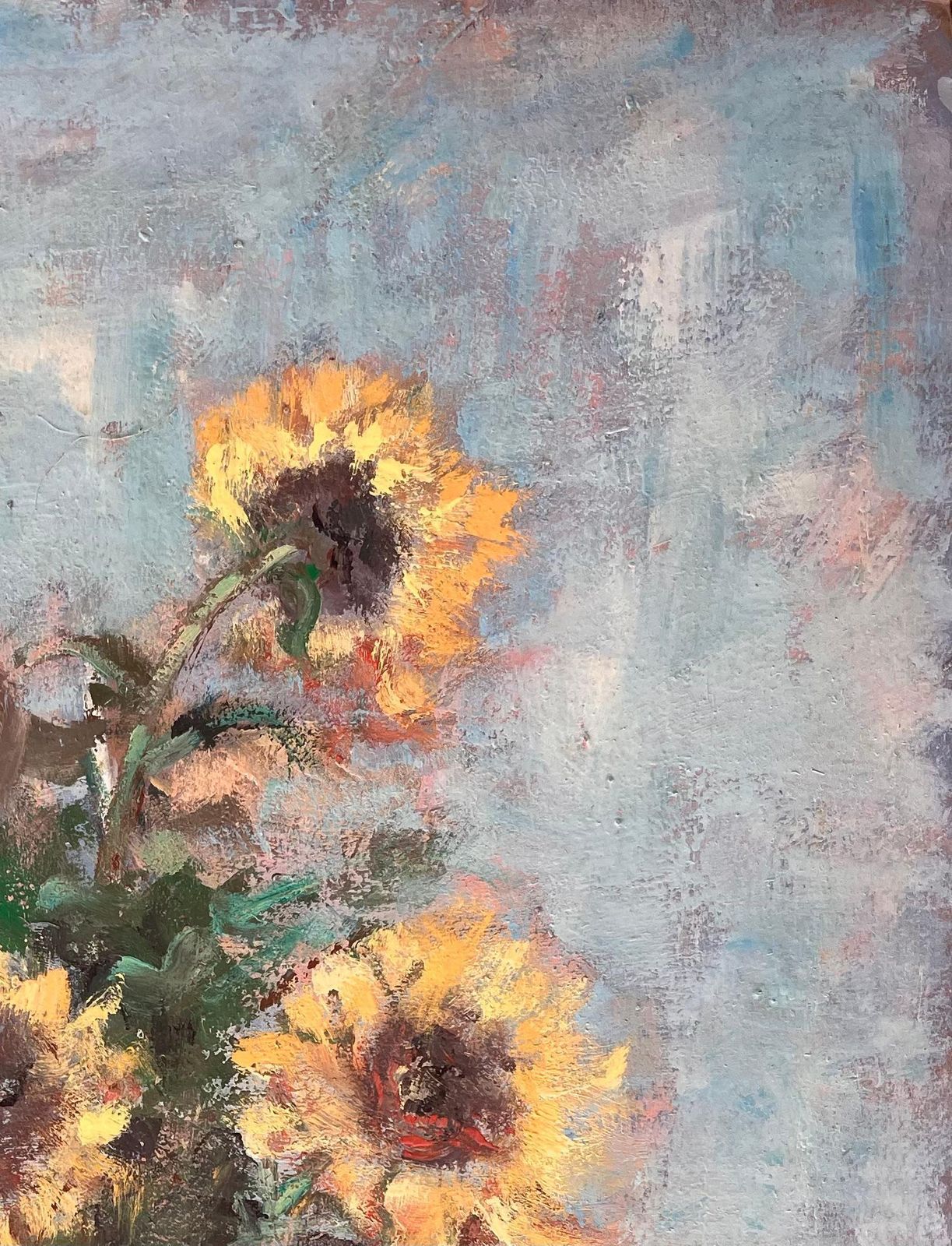 Fanch Lelimpressionist Still Life Of Sunflowers In A Vase With Soft Blue Background photo Art