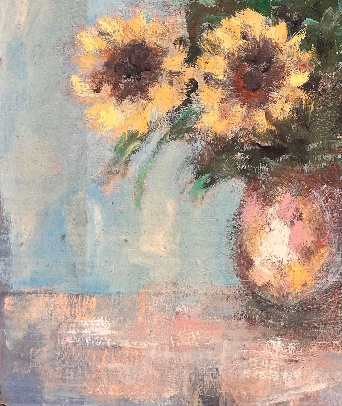 Fanch Lelimpressionist Still Life Of Sunflowers In A Vase With Soft Blue Background photo 535.0
