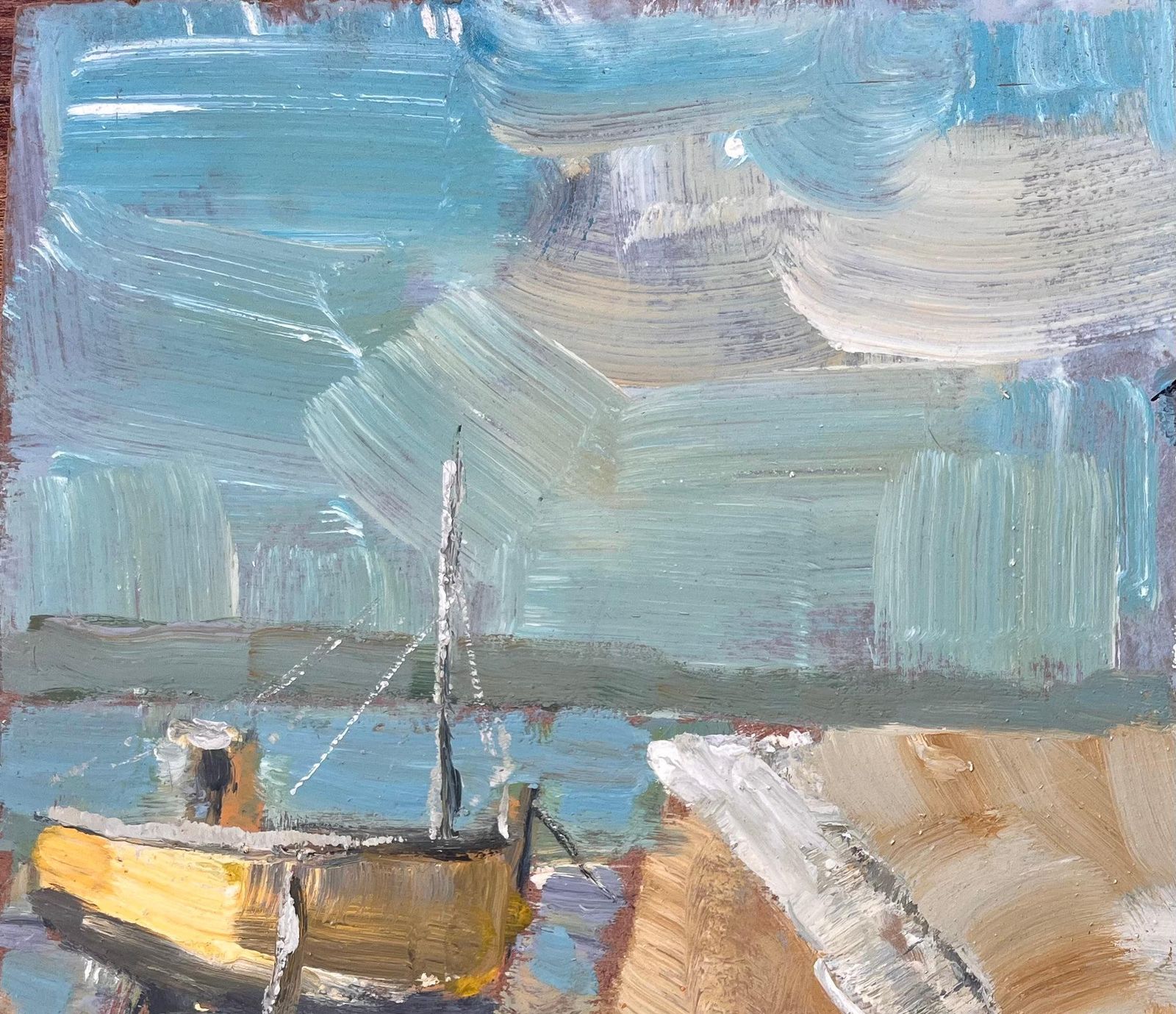 Fanch Lelfrench Coastal Lighthouse Scene With Sailors And Yellow Boat In Bold Oil photo vinterior