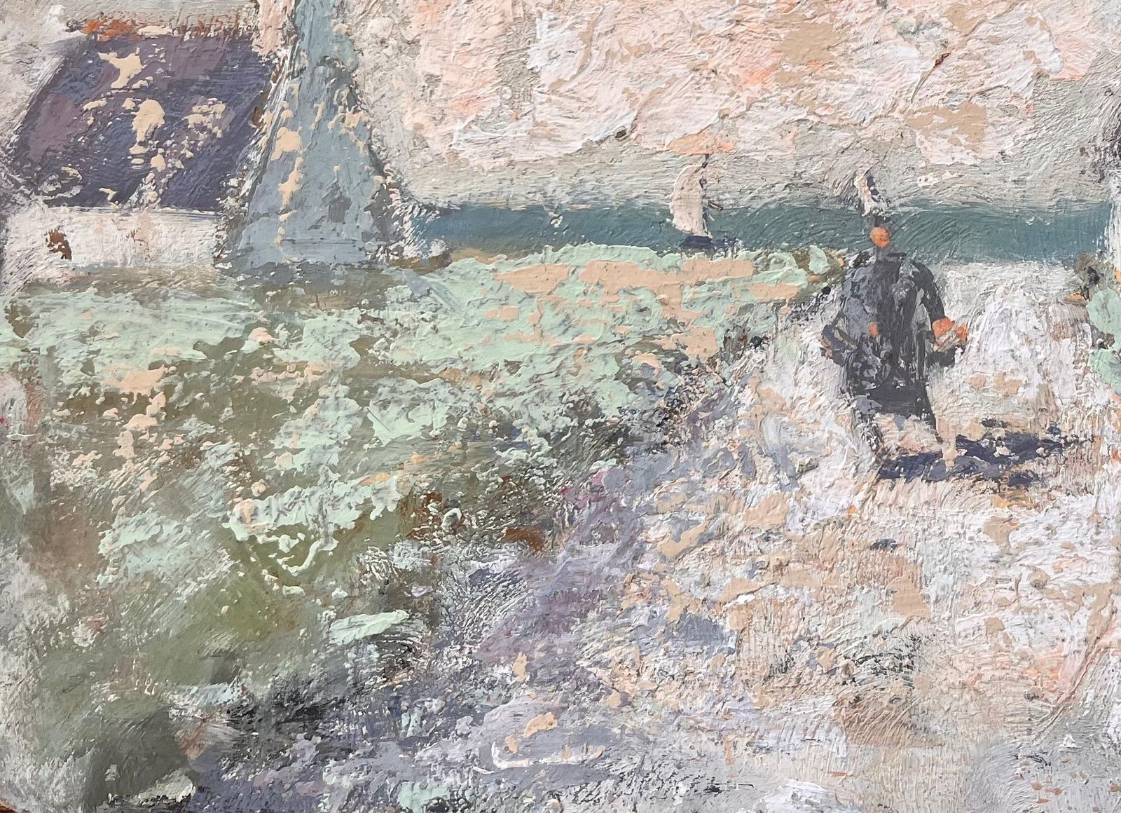 Fanch Lelfrench Coastal Village Oil Painting Of Thatched Cottages And Figure Walking photo 520.0