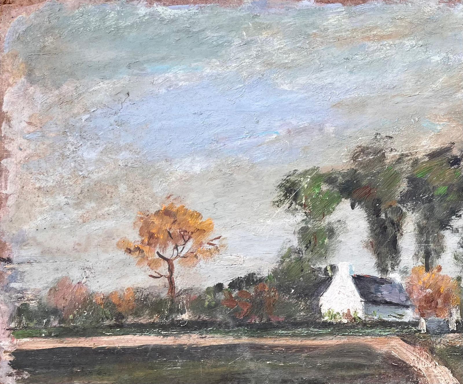 Fanch Lelfrench Countryside Oil Painting Of Curved Path Farmhouse Autumn Trees And Fields photo for sale
