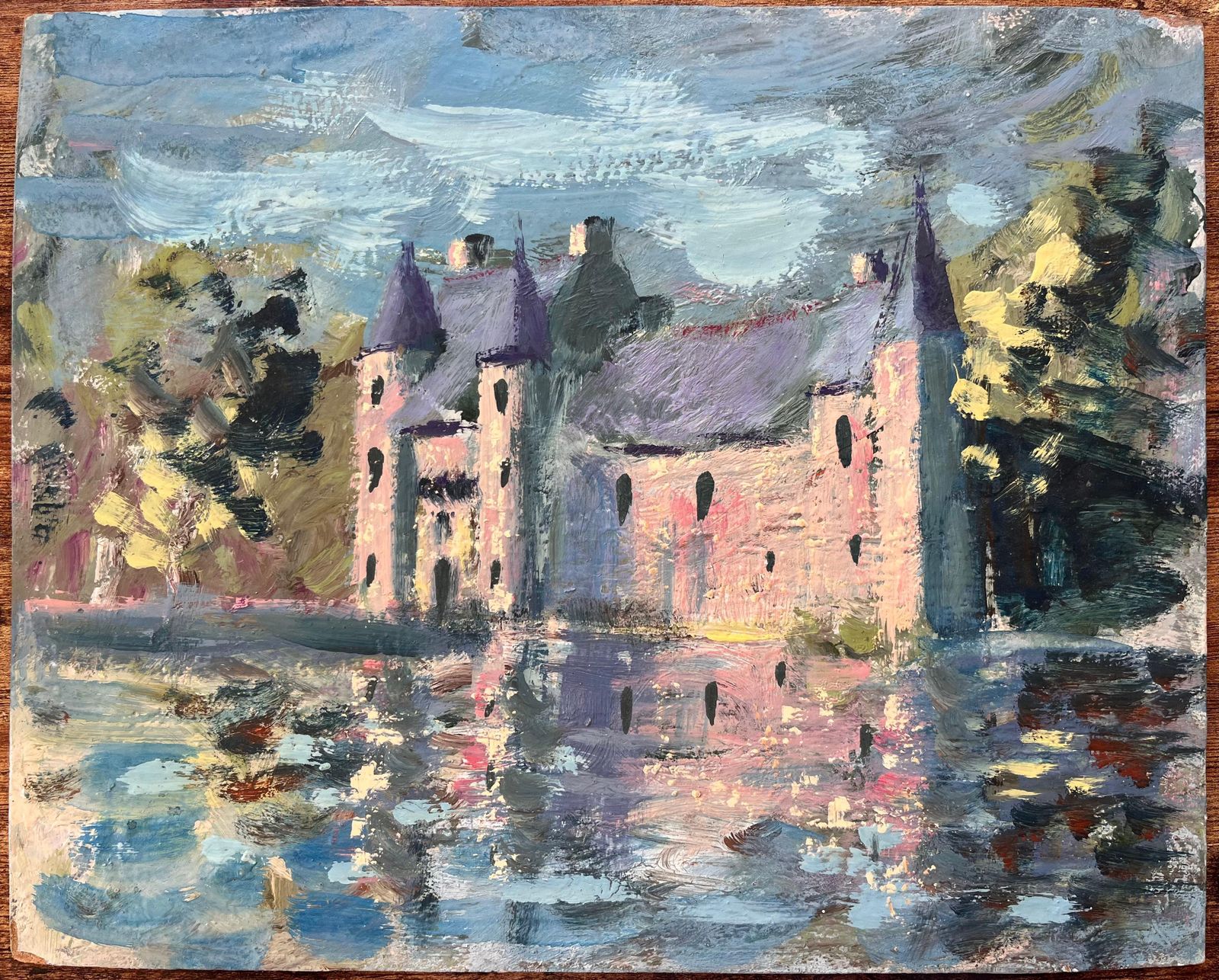 Fanch Lelfrench Château Landscape Oil Painting With Reflection In Lake And Turreted Tower photo furniture