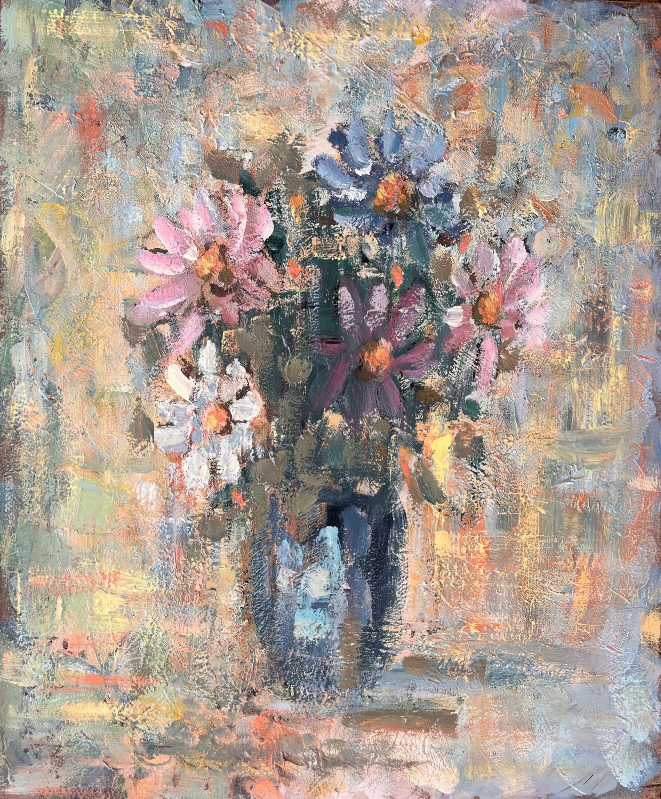 Fanch Lelimpressionist Still Life Oil Painting Of Wildflowers In Vase With Pastel Colours