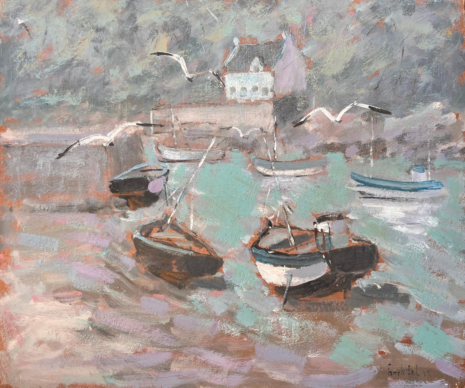 Fanch Lelimpressionist Boats In Seaside Harbour With Gulls And Misty Coastal Village1999