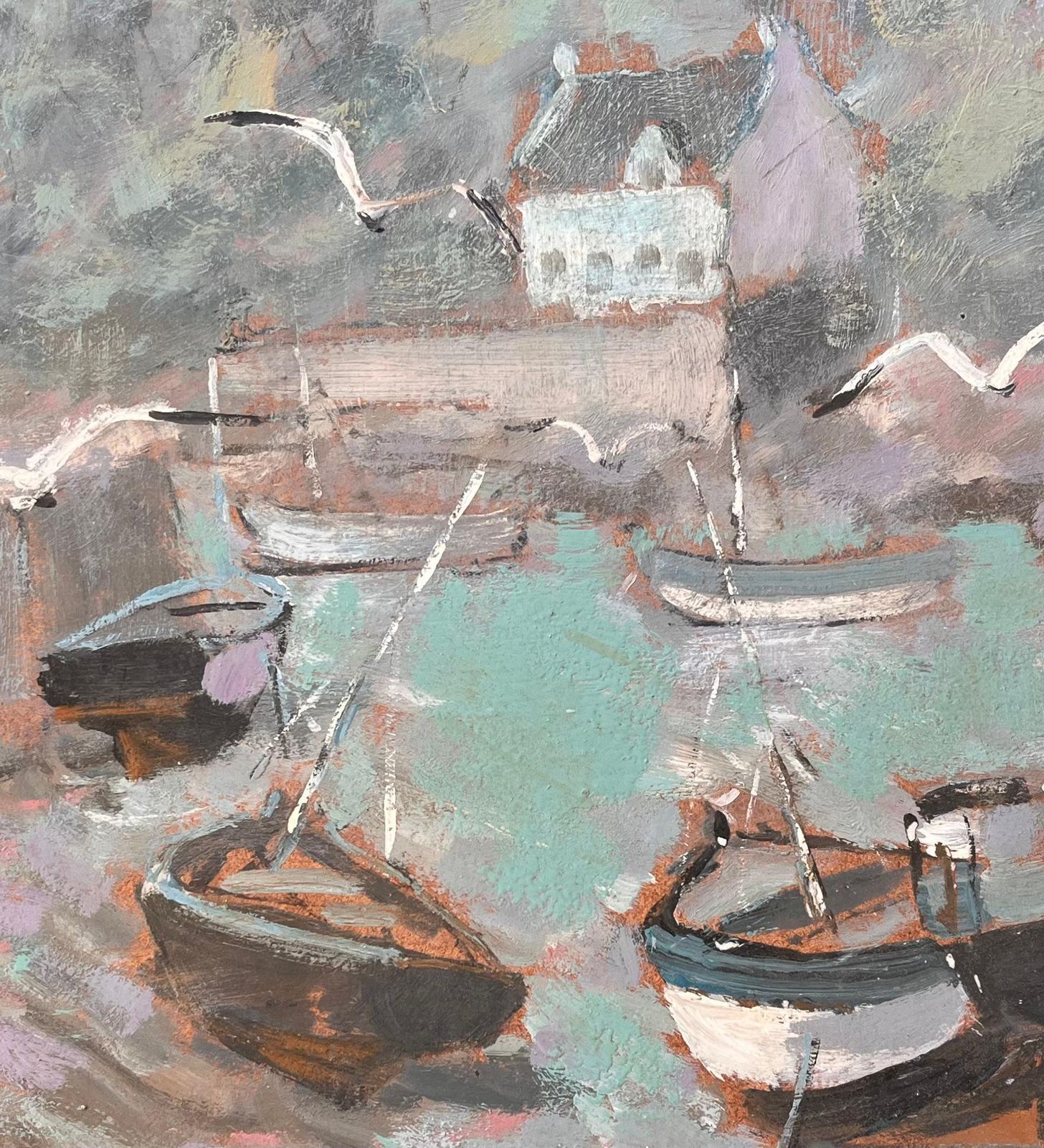 Fanch Lelimpressionist Boats In Seaside Harbour With Gulls And Misty Coastal Village1999 photo buy