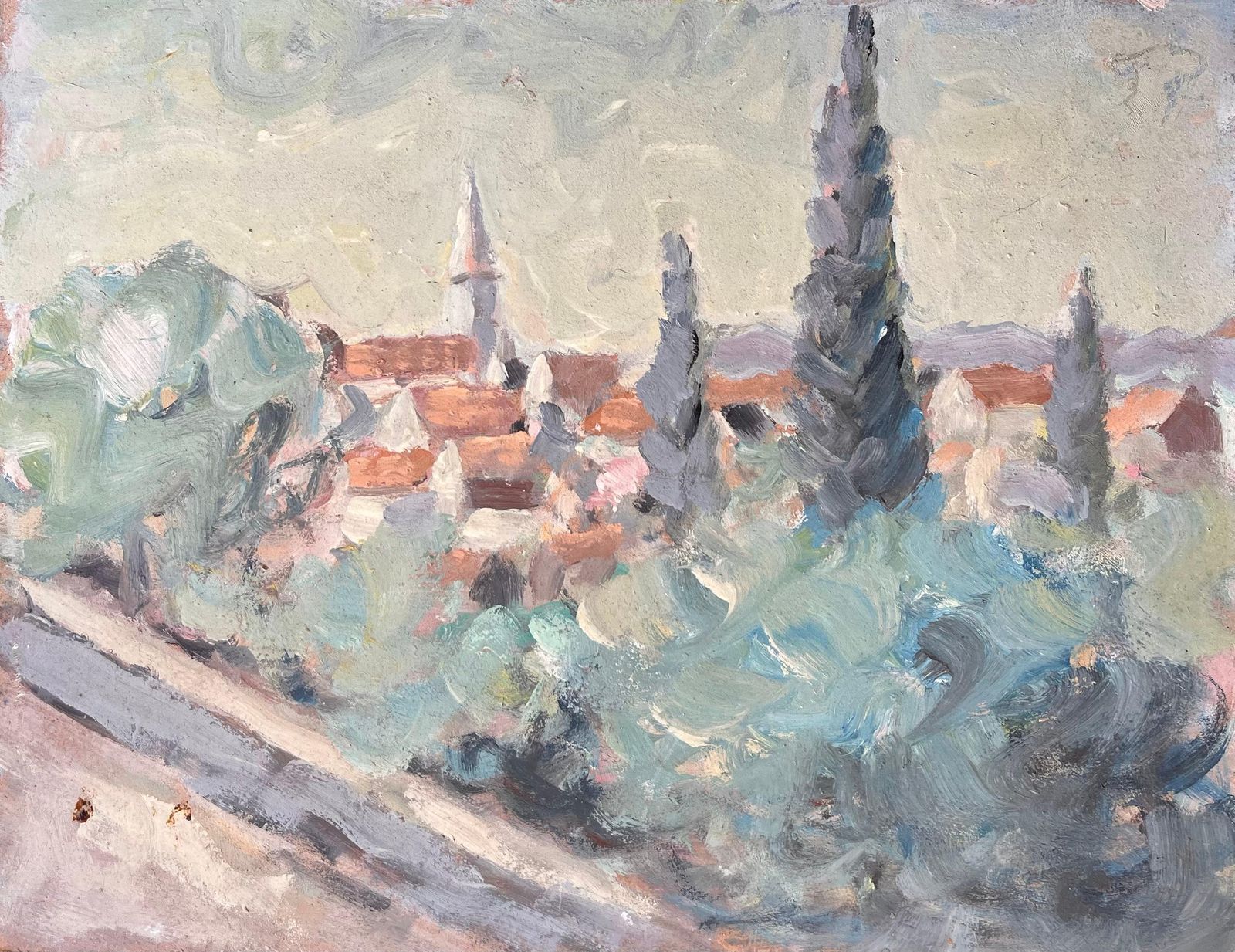 Fanch Lelimpressionist Village Landscape With Cypress Trees And Mountain Horizon View