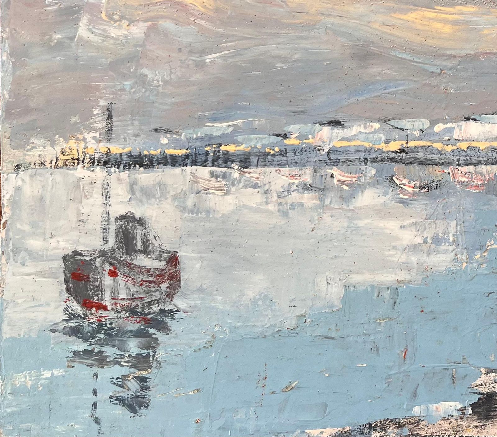 Fanch Lelfrench Harbour Oil Painting Of Boats Lighthouse And Rocky Shoreline At Low Tide1986 photo 592.0
