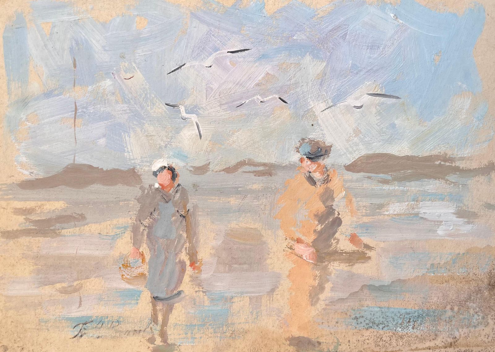F.T Rousselimpressionist Beach Scene With Fisherman And Woman Walking Under Seagulls1994