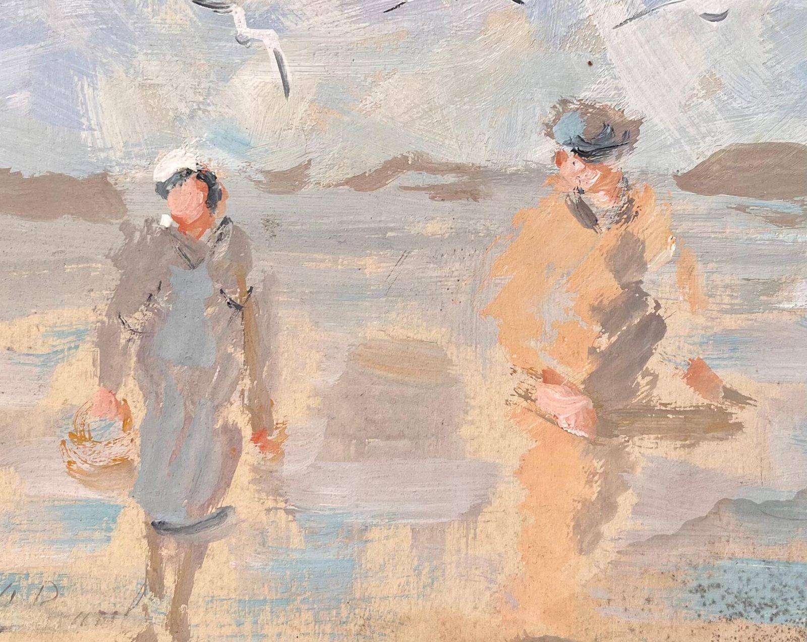 F.T Rousselimpressionist Beach Scene With Fisherman And Woman Walking Under Seagulls1994 photo buy