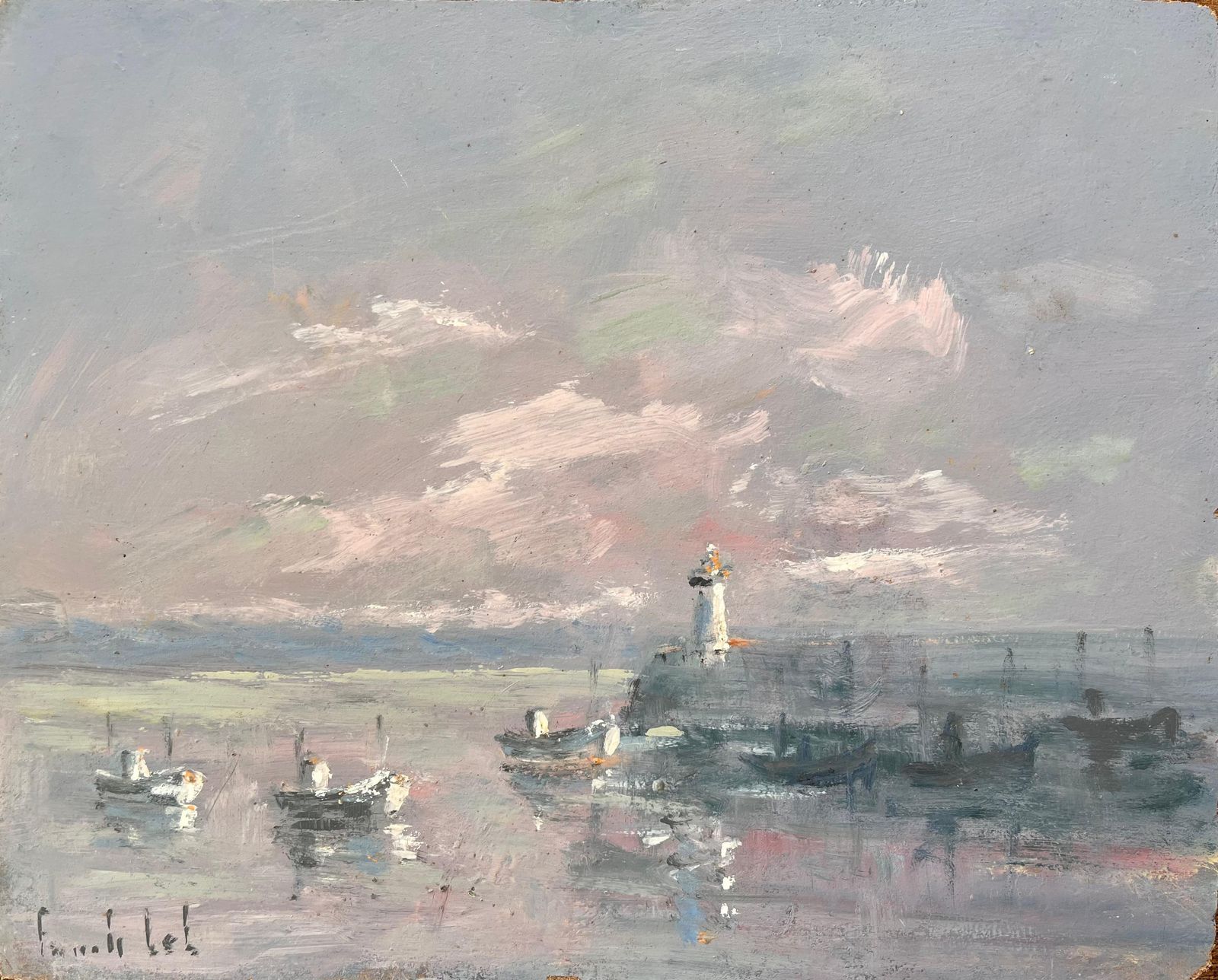 Fanch Lelfrench Coastal Oil Painting Of Lighthouse And Fishing Boats At Le Port D’étaples1985