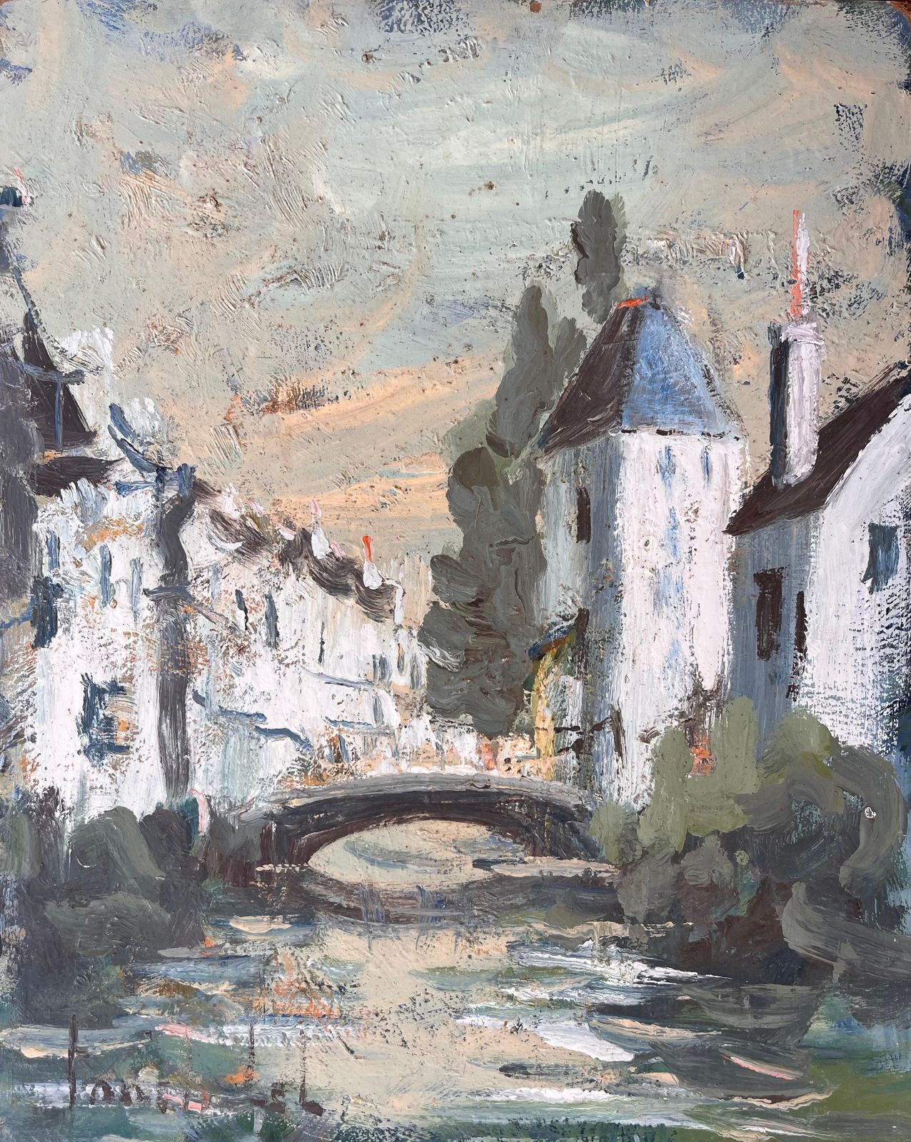 Fanch Lelfrench Impressionist Canal Scene With Bridge And Whitewashed Houses
